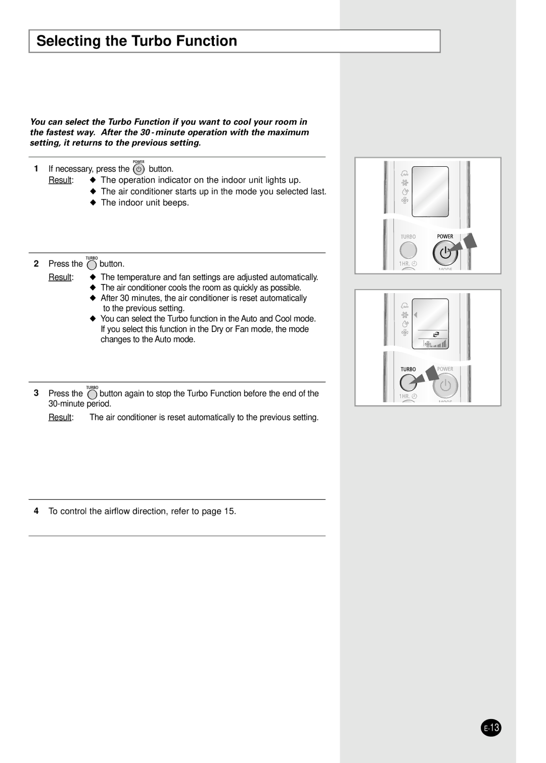 Samsung ASP18SJWD/XSV, ASK18WJWD/XSV, USK18WJWD2/XSV, USP18SJWD2/XSV, USP18WJWD2/XSV manual Selecting the Turbo Function 