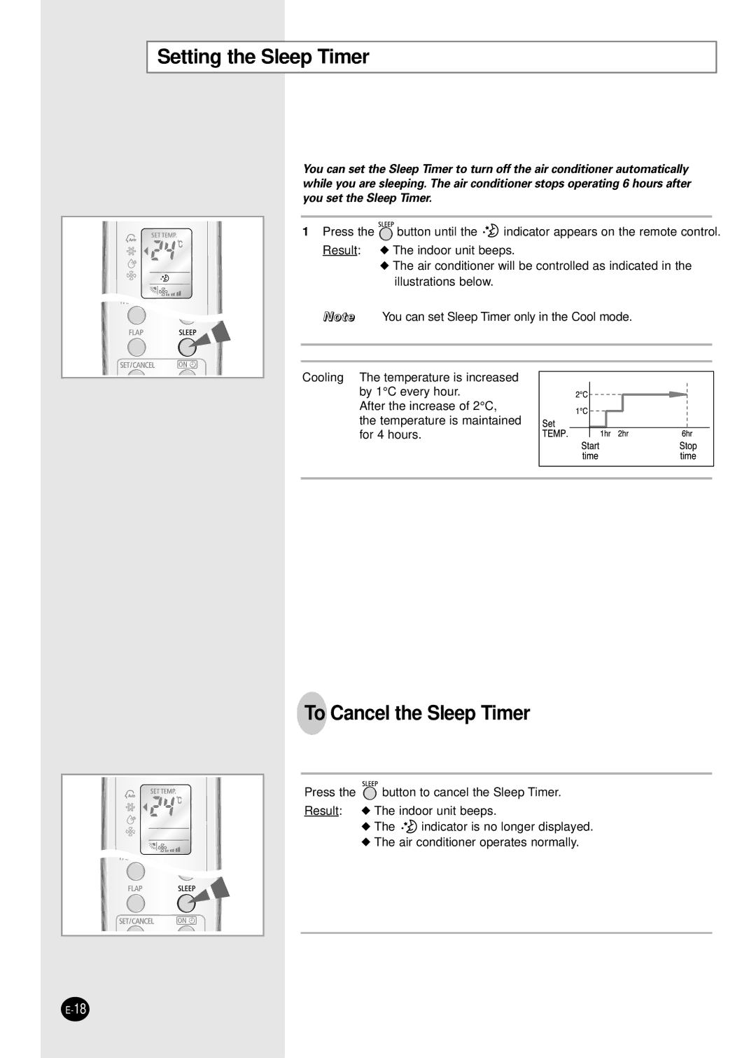 Samsung ASK18WJWD/XSV, ASP18SJWD/XSV, USK18WJWD2/XSV, USP18SJWD2/XSV manual Setting the Sleep Timer, To Cancel the Sleep Timer 