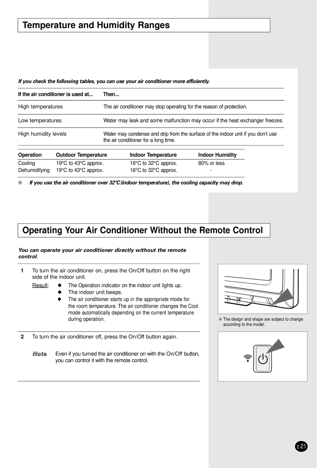 Samsung USP18SJWD2/XSV manual Temperature and Humidity Ranges, Operating Your Air Conditioner Without the Remote Control 