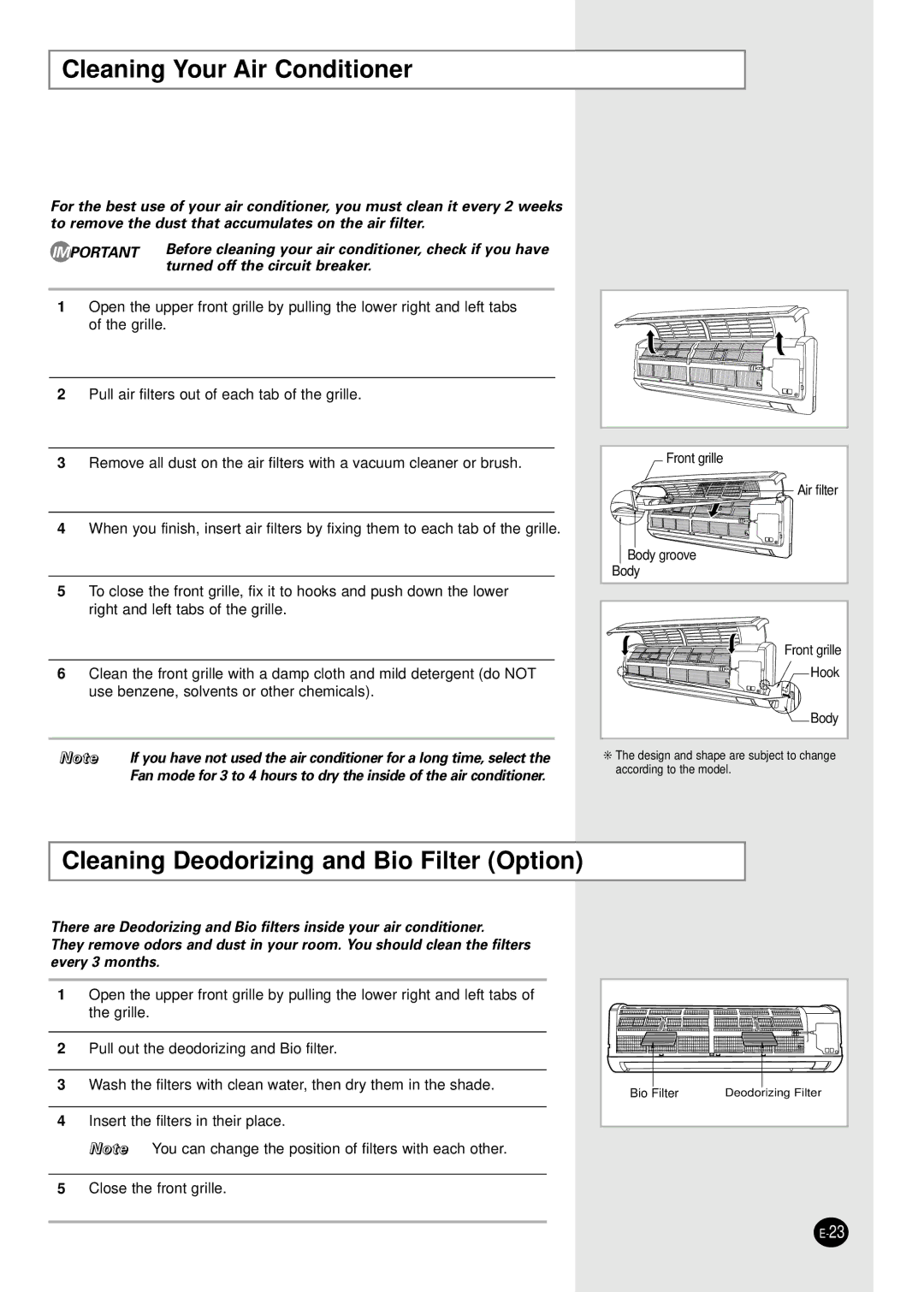 Samsung ASP18WJWD/XSV, ASK18WJWD/XSV manual Cleaning Your Air Conditioner, Cleaning Deodorizing and Bio Filter Option 