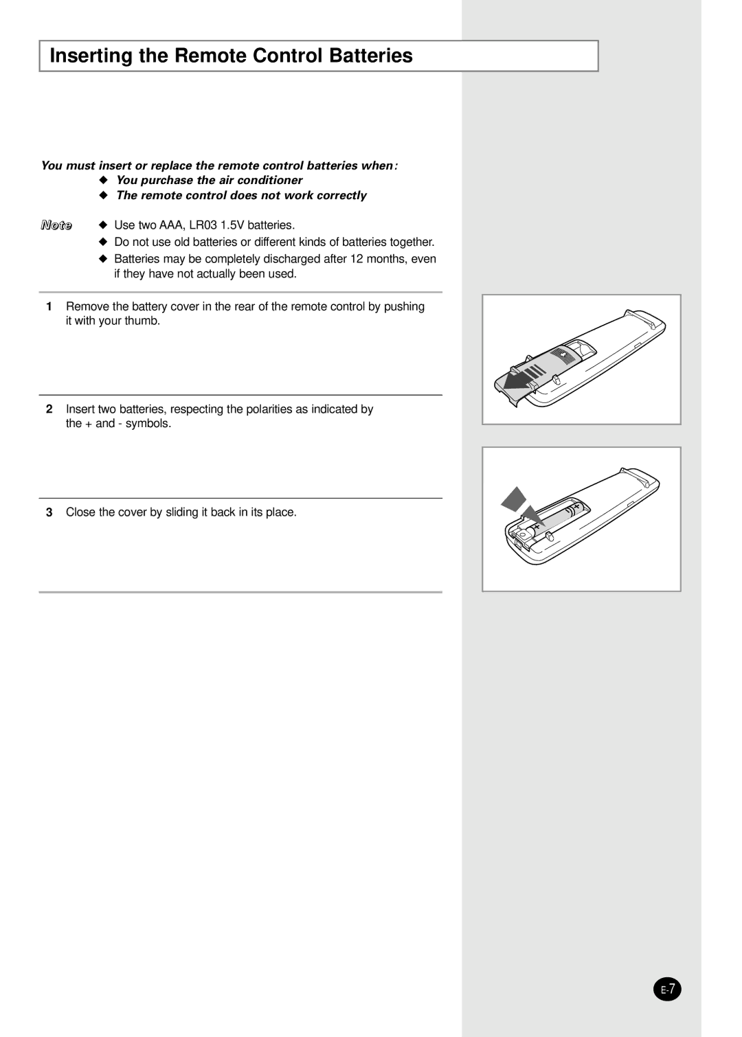 Samsung ASP18SJWD/XSV, ASK18WJWD/XSV, USK18WJWD2/XSV, USP18SJWD2/XSV, USP18WJWD2/XSV Inserting the Remote Control Batteries 