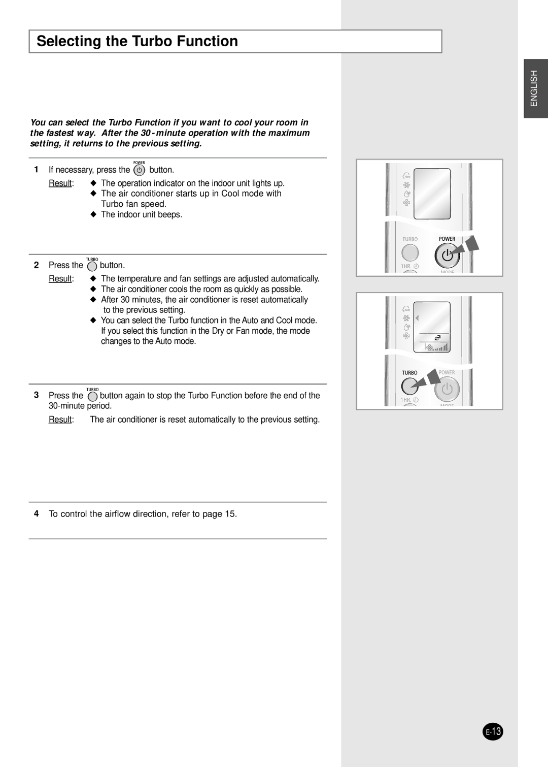 Samsung AST18WJWE/XSG, AST18WJWE/MID, AST24W6WE/XSG, AST18WJWE/HAC manual Selecting the Turbo Function 