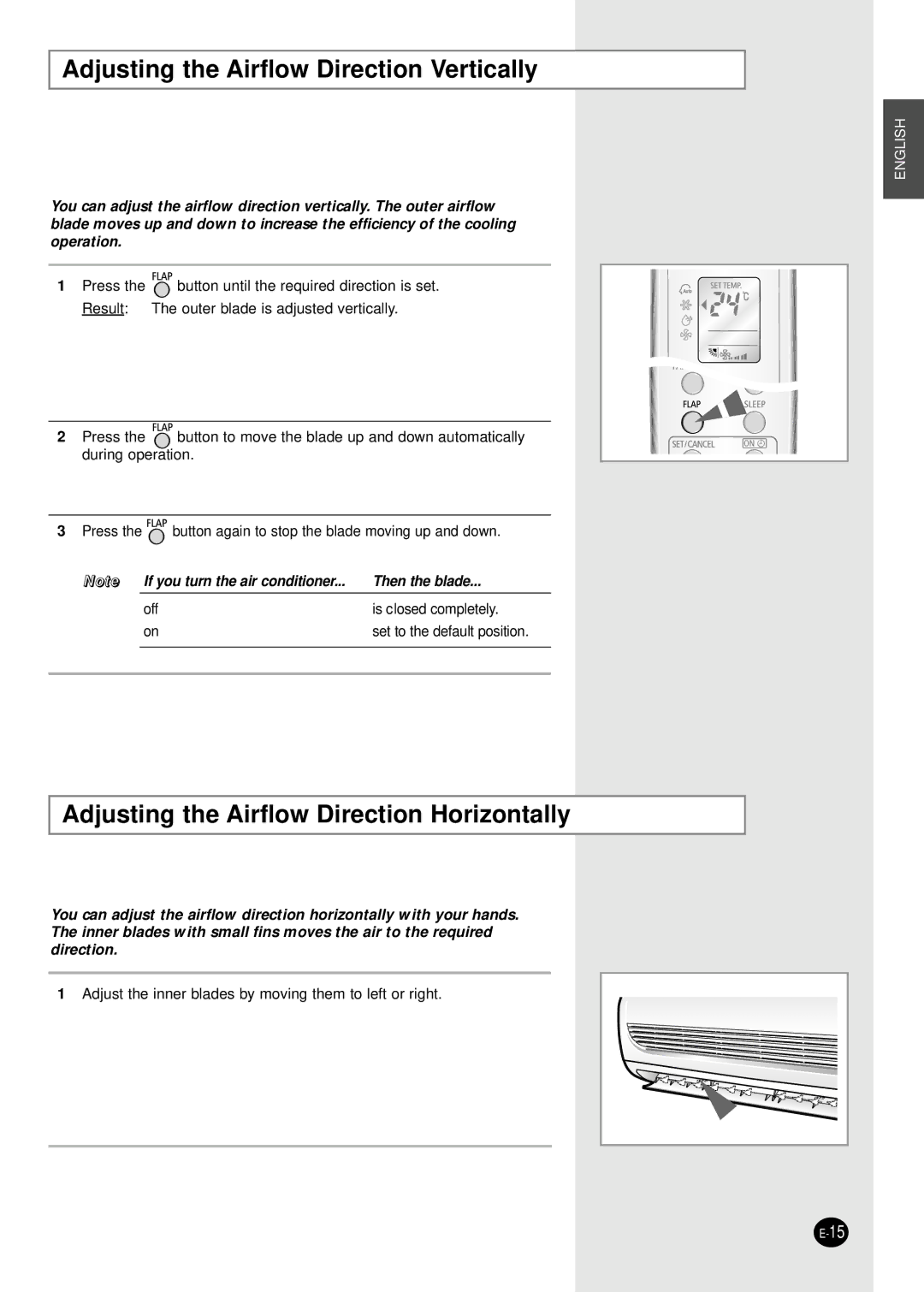 Samsung AST18WJWE/HAC manual Adjusting the Airflow Direction Vertically, Adjusting the Airflow Direction Horizontally 