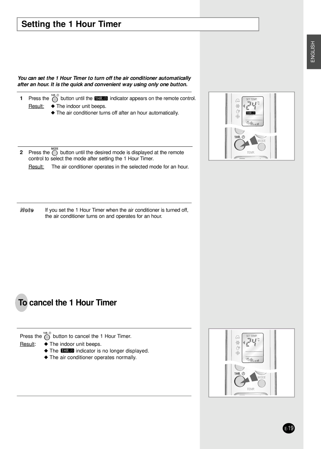 Samsung AST18WJWE/HAC, AST18WJWE/MID, AST18WJWE/XSG, AST24W6WE/XSG manual Setting the 1 Hour Timer, To cancel the 1 Hour Timer 