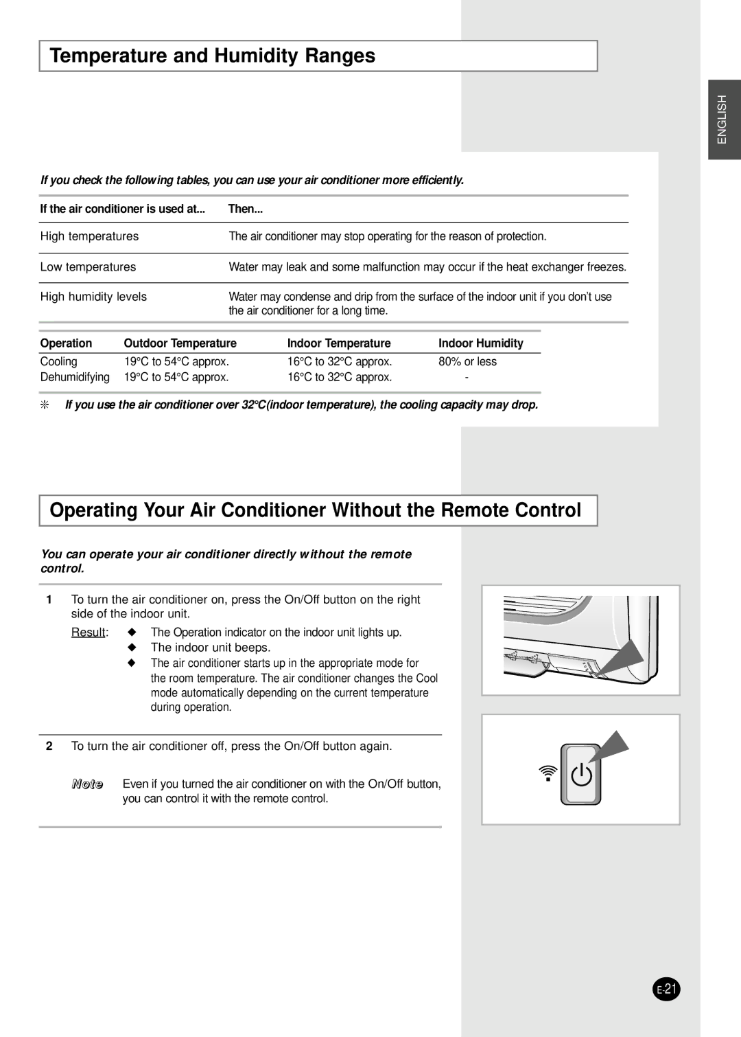 Samsung AST18WJWE/XSG manual Temperature and Humidity Ranges, Operating Your Air Conditioner Without the Remote Control 