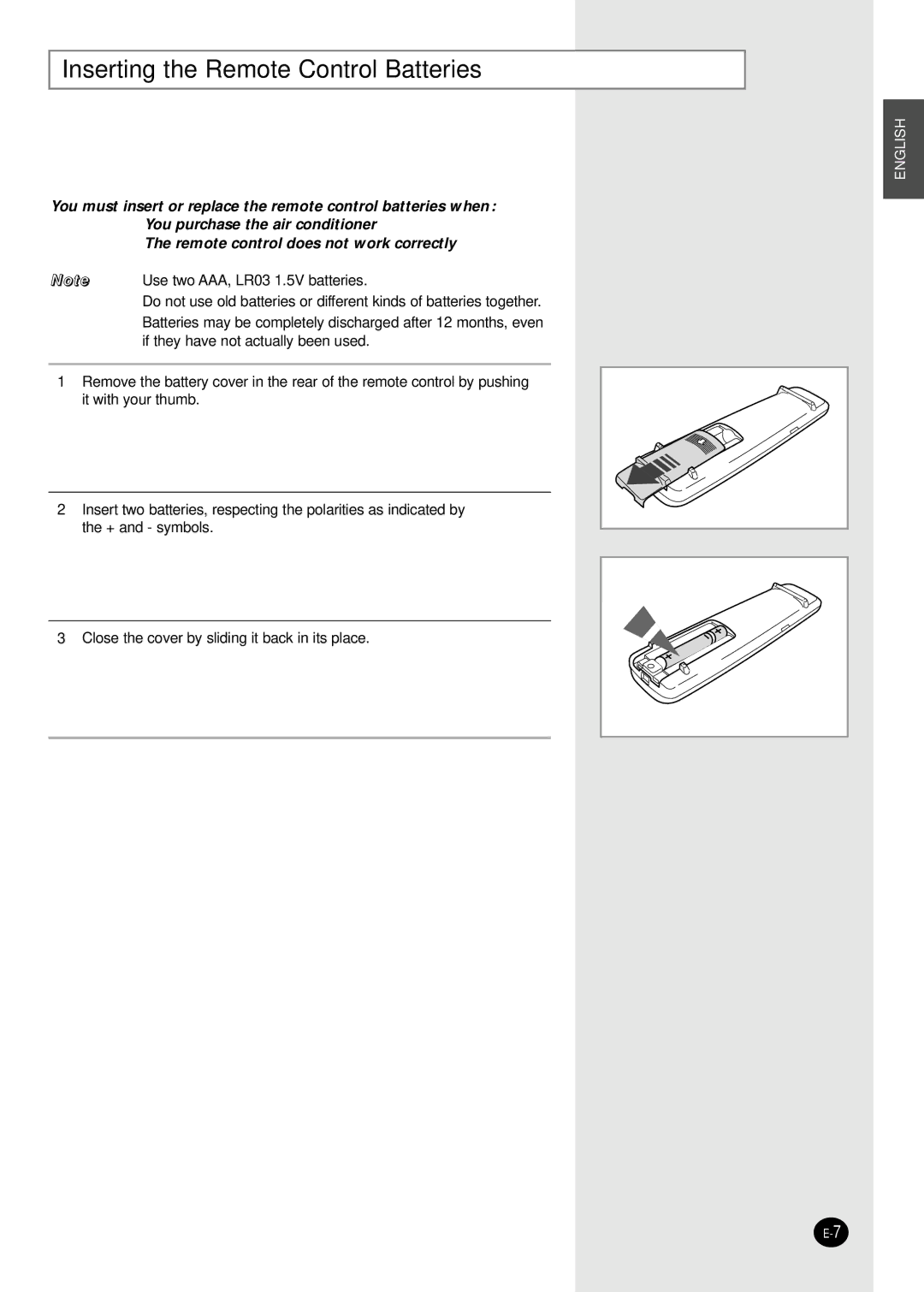 Samsung AST18WJWE/HAC, AST18WJWE/MID, AST18WJWE/XSG, AST24W6WE/XSG manual Inserting the Remote Control Batteries 