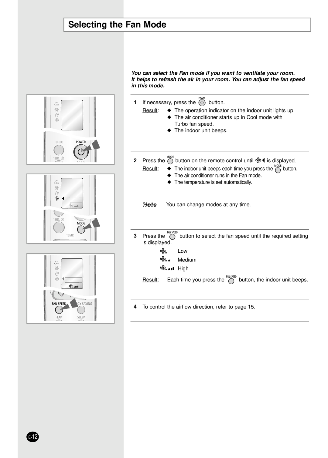 Samsung AST18WJWE/MID, AST18WJWE/XSG, AST24W6WE/XSG, AST18WJWE/HAC manual Selecting the Fan Mode 