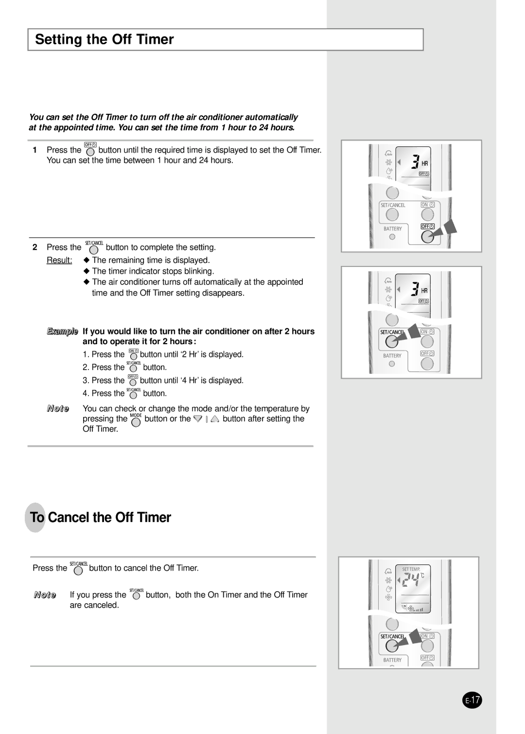 Samsung AST18WJWE/XSG, AST18WJWE/MID, AST24W6WE/XSG, AST18WJWE/HAC manual Setting the Off Timer, To Cancel the Off Timer 