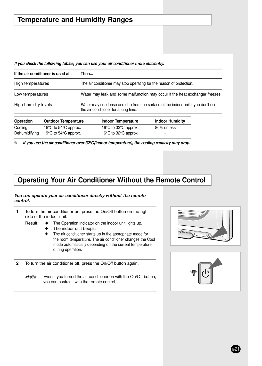 Samsung AST18WJWE/XSG manual Temperature and Humidity Ranges, Operating Your Air Conditioner Without the Remote Control 