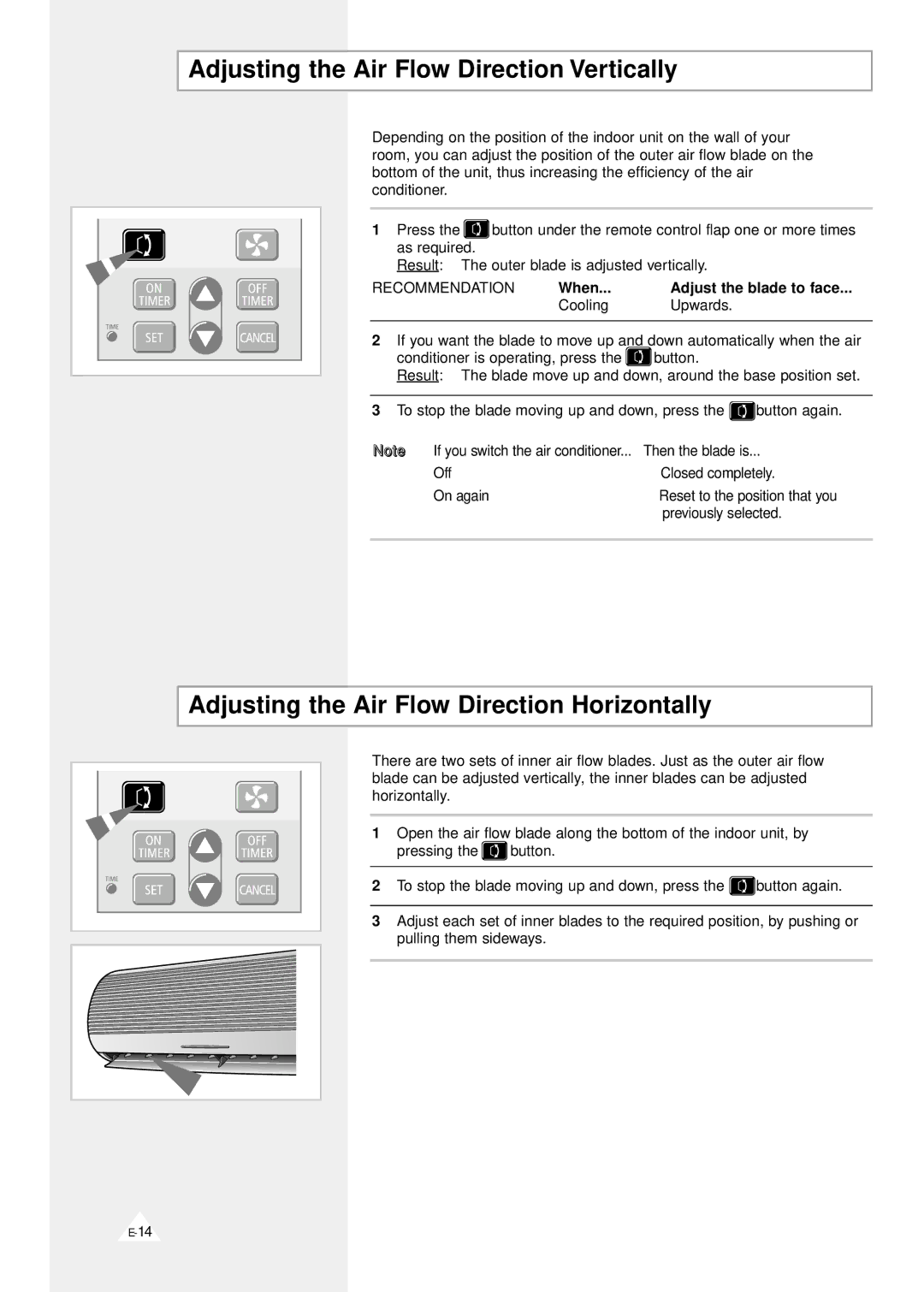 Samsung AST18B1(B2)QE/B, SC24ZV Adjusting the Air Flow Direction Vertically, Adjusting the Air Flow Direction Horizontally 