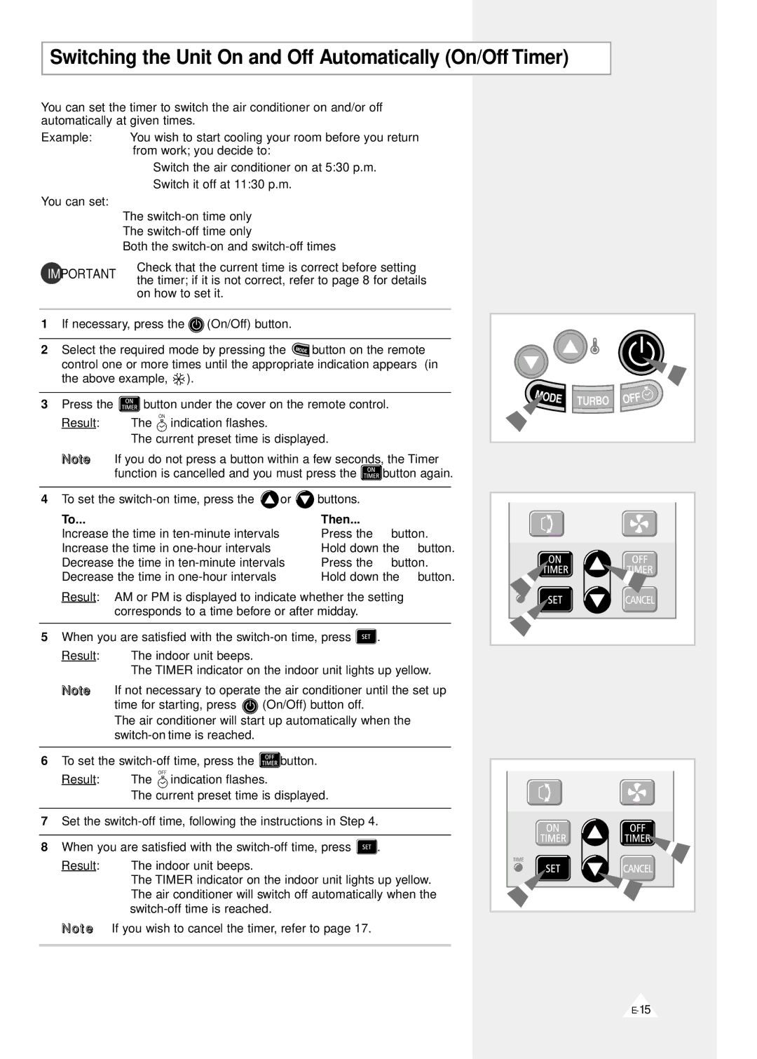 Samsung AS24A1(A2)QE/B, AST24A1(A2)QE/B, AST18A1(A2)QE/B, SC24ZV Switching the Unit On and Off Automatically On/Off Timer 