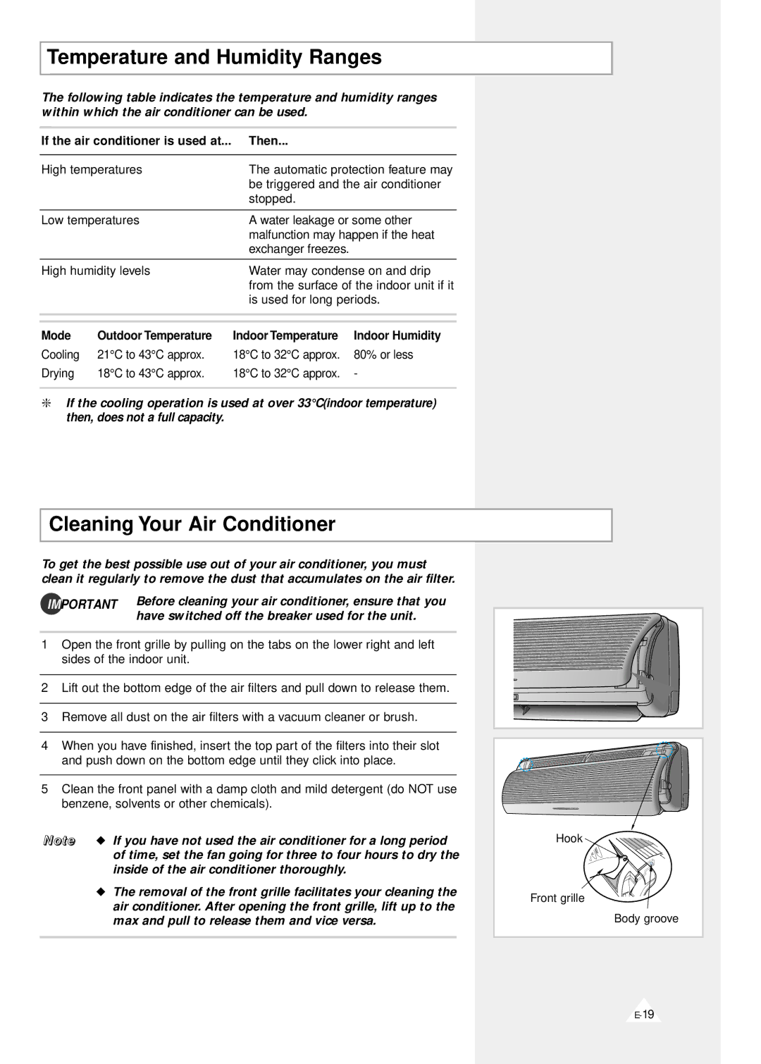 Samsung SC18ZV Temperature and Humidity Ranges, Cleaning Your Air Conditioner, If the air conditioner is used at... Then 