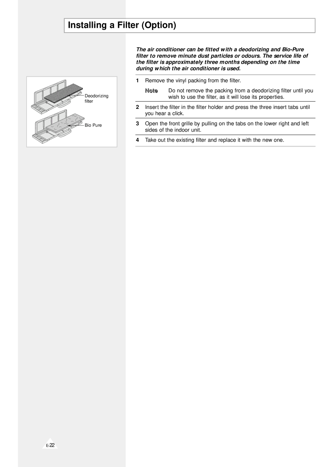 Samsung AST24B1(B2)QE/B, AST24A1(A2)QE/B, AST18A1(A2)QE/B, AS18B1(B2)QE/B, AST18B1(B2)QE/B, SC24ZV Installing a Filter Option 