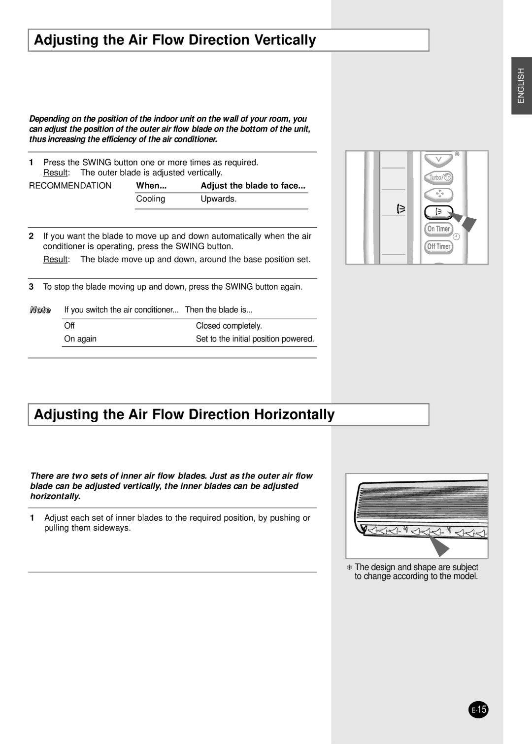 Samsung AST24A5RE/XEH manual Adjusting the Air Flow Direction Vertically, Adjusting the Air Flow Direction Horizontally 