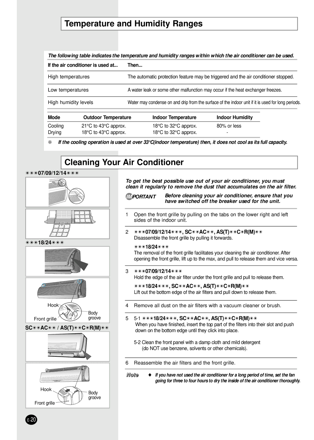 Samsung AST24A6RE/AFR, AST24A5RE/XEH manual Temperature and Humidity Ranges, Cleaning Your Air Conditioner 