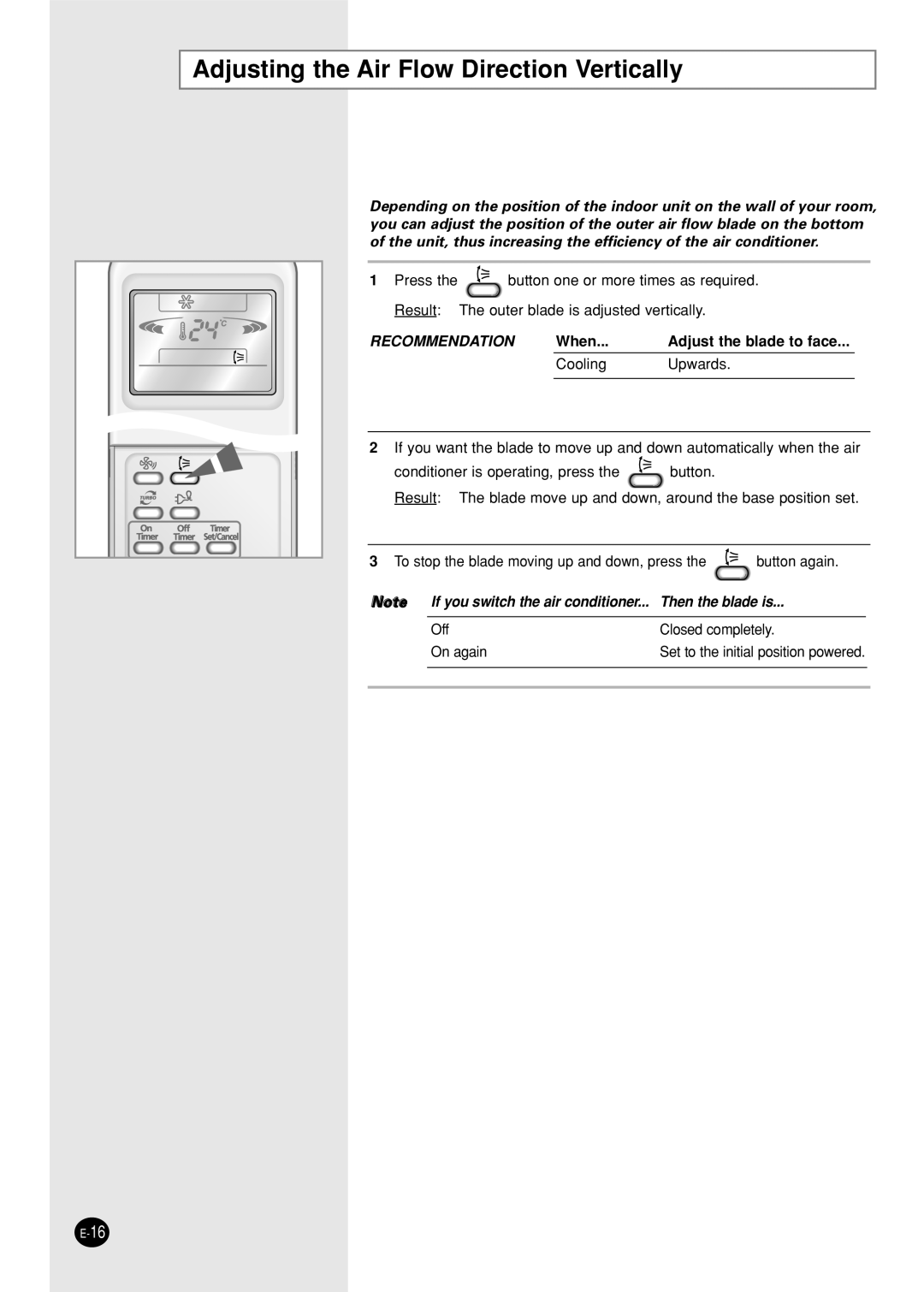 Samsung AST18P0GBA/MOC, AST24P6GBA-UMG, AST24P6GBA/UMG manual Adjusting the Air Flow Direction Vertically, Recommendation 