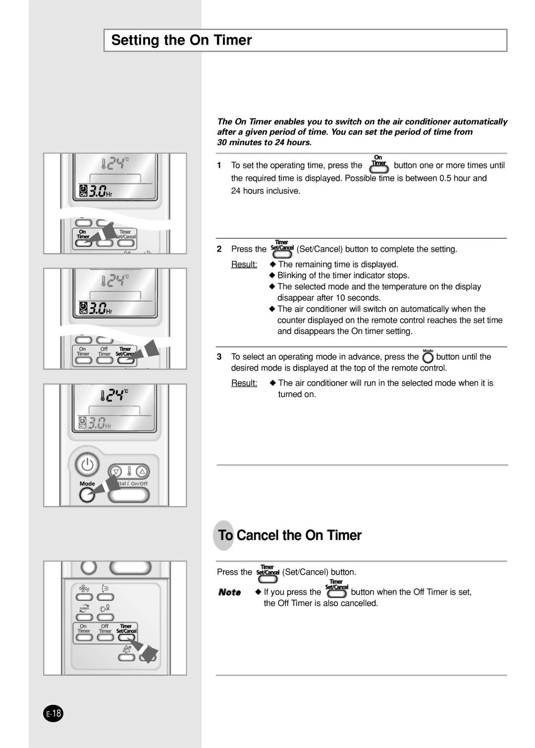 Samsung AST18P0GEA/MID, AST24P6GBA-UMG, AST24P6GBA/UMG, IAST18P0GEAMIG manual Setting the On Timer, To Cancel the On Timer 