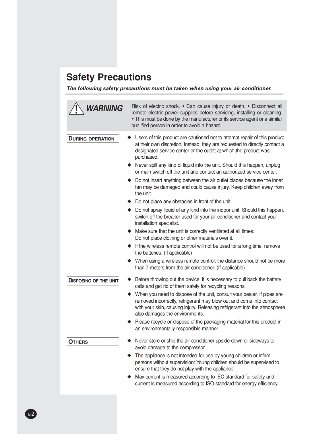 Samsung IAST18P0GEAMIG, AST24P6GBA-UMG, AST24P6GBA/UMG, AST18P0GEA-MID, AST12P4GE-MID, AST18P0GBA/UMG manual Safety Precautions 