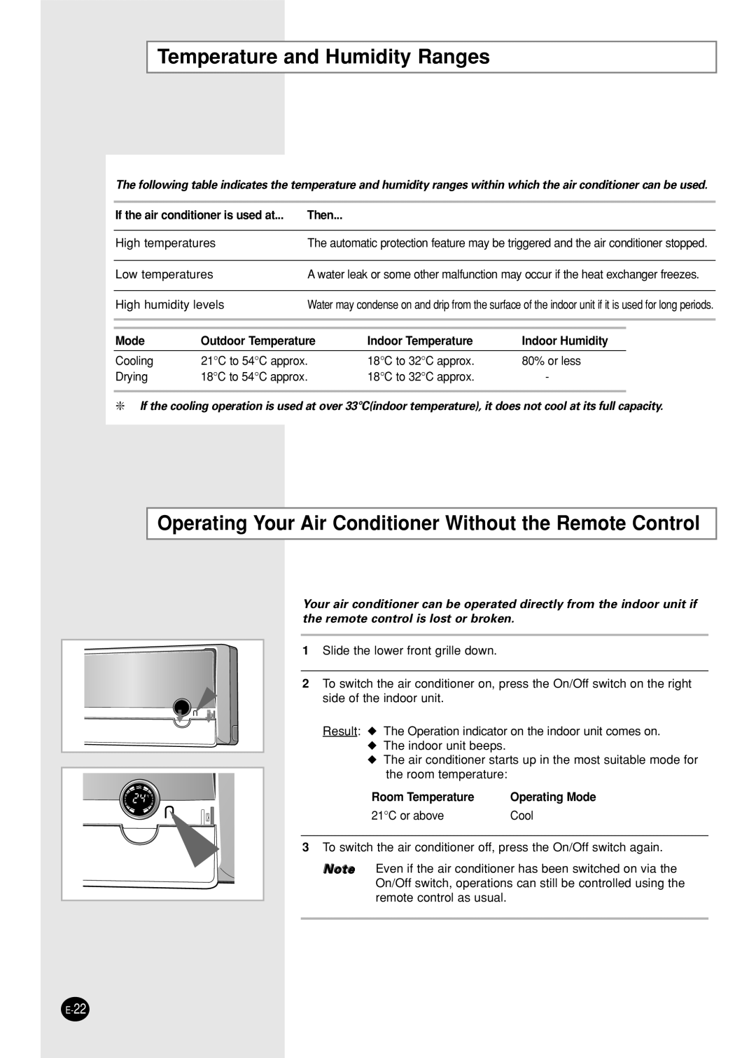 Samsung IAST18P0GEAMIG manual Temperature and Humidity Ranges, Operating Your Air Conditioner Without the Remote Control 