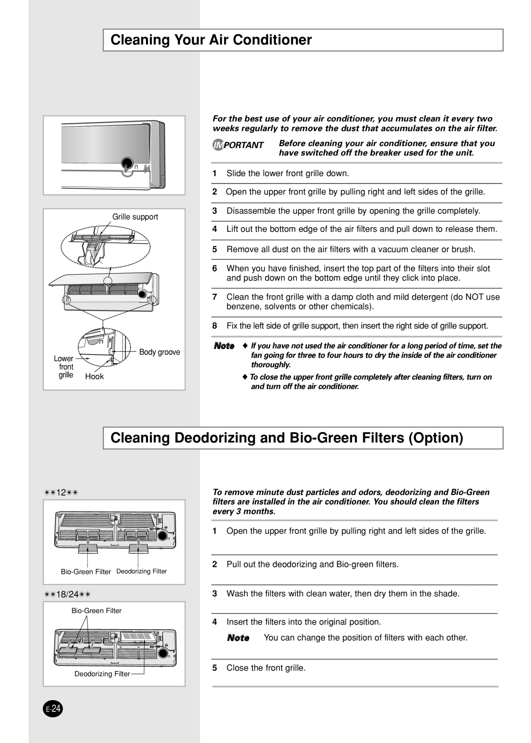 Samsung AST12P4GE-MID, AST24P6GBA-UMG Cleaning Your Air Conditioner, Cleaning Deodorizing and Bio-Green Filters Option 