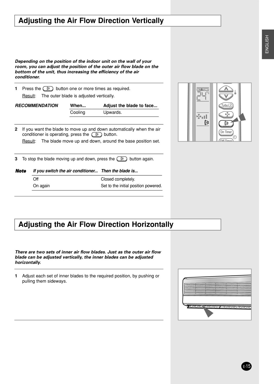 Samsung XUST24S6GEAMIG manual Adjusting the Air Flow Direction Vertically, Adjusting the Air Flow Direction Horizontally 