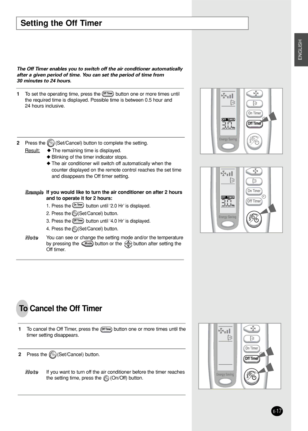 Samsung AST12S4GE-HAC, AST24S6GEA-HAC, IAST12S4GE-MID, IAST18S0GEAMIG manual Setting the Off Timer, To Cancel the Off Timer 