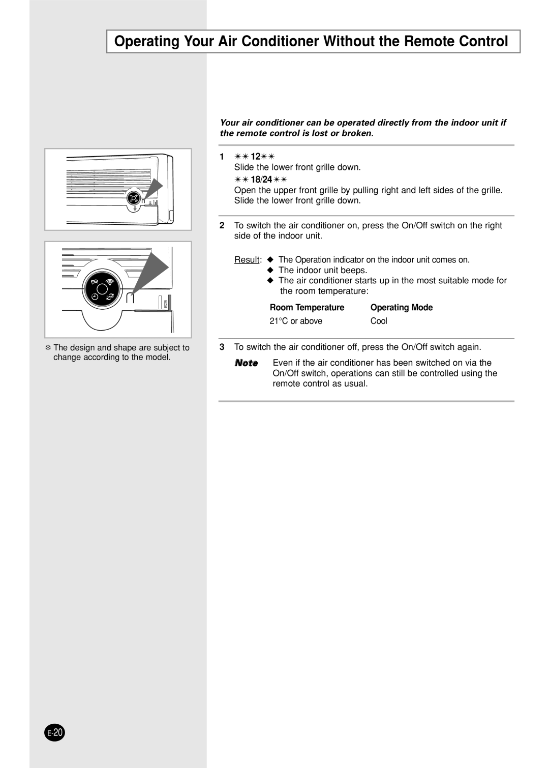 Samsung IAST24S6GEAMIG, AST24S6GEA-HAC, AST12S4GE-HAC manual Operating Your Air Conditioner Without the Remote Control, 18/24 