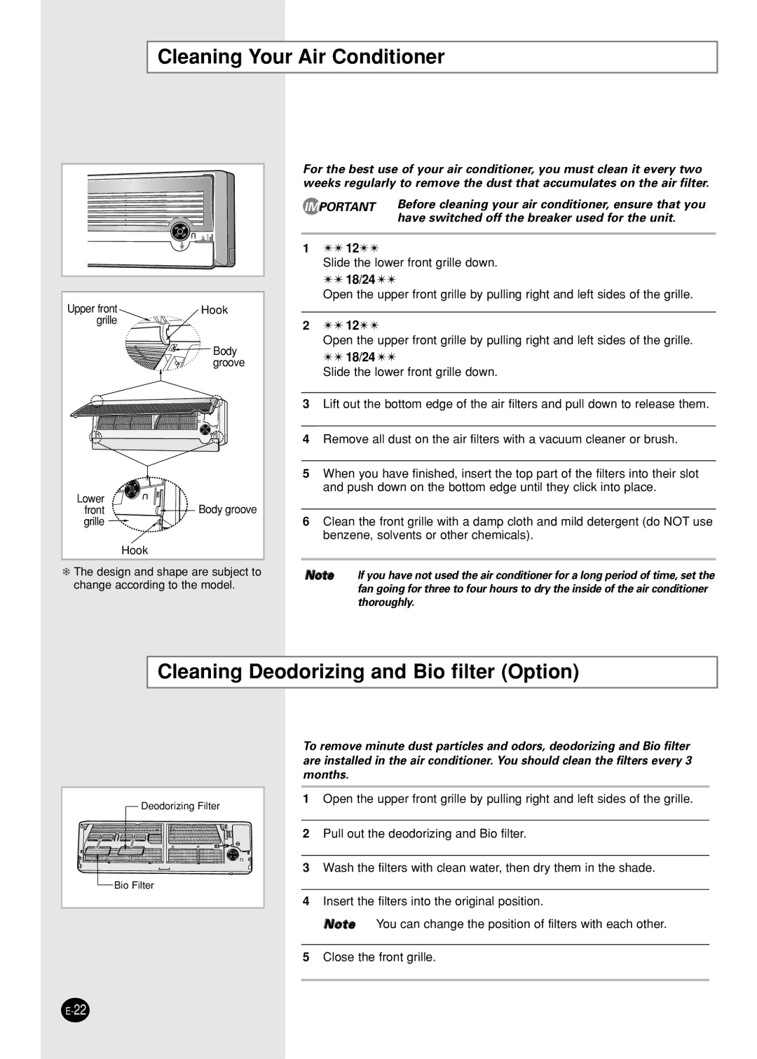 Samsung AST18S0GBA/MOC, AST24S6GEA-HAC manual Cleaning Your Air Conditioner, Cleaning Deodorizing and Bio filter Option 