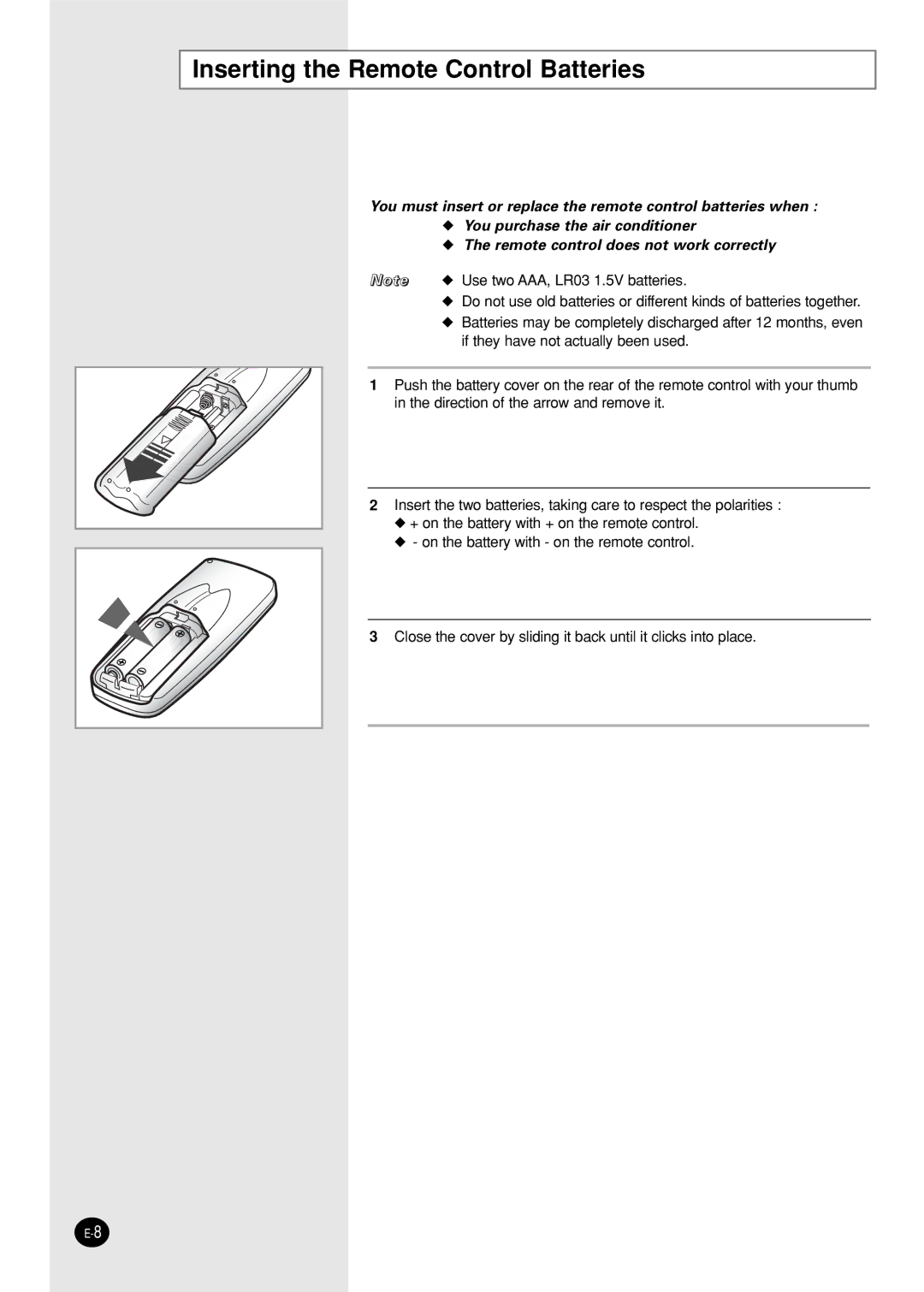 Samsung AST24S6GEA/MID, AST24S6GEA-HAC, AST12S4GE-HAC, IAST12S4GE-MID, IAST18S0GEAMIG Inserting the Remote Control Batteries 