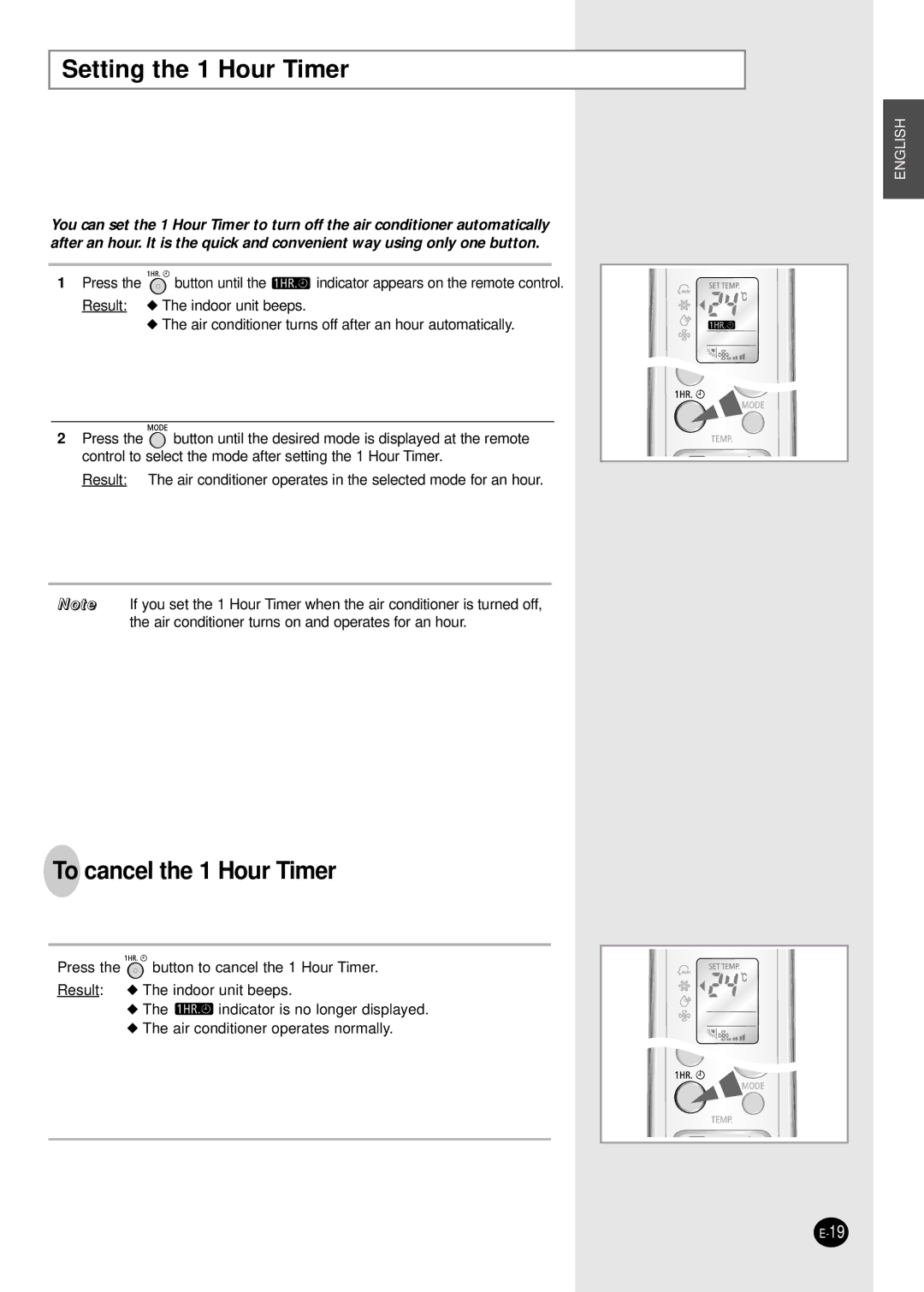 Samsung AST18WJWB/UMG, AST24W6WB/UMG, IAST18WJWB/MOC manual Setting the 1 Hour Timer, To cancel the 1 Hour Timer 