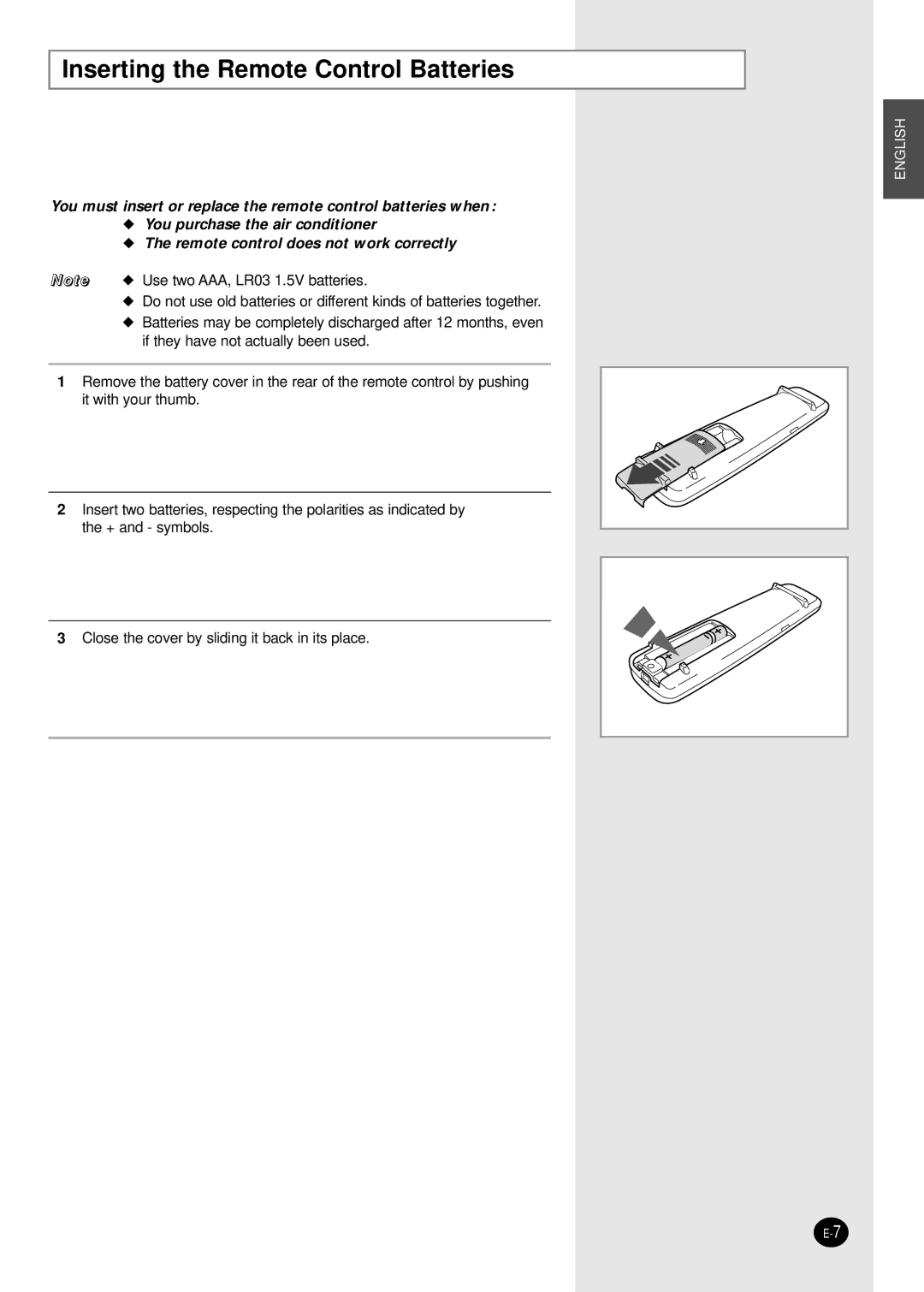 Samsung AST18WJWB/UMG, AST24W6WB/UMG, IAST18WJWB/MOC manual Inserting the Remote Control Batteries 