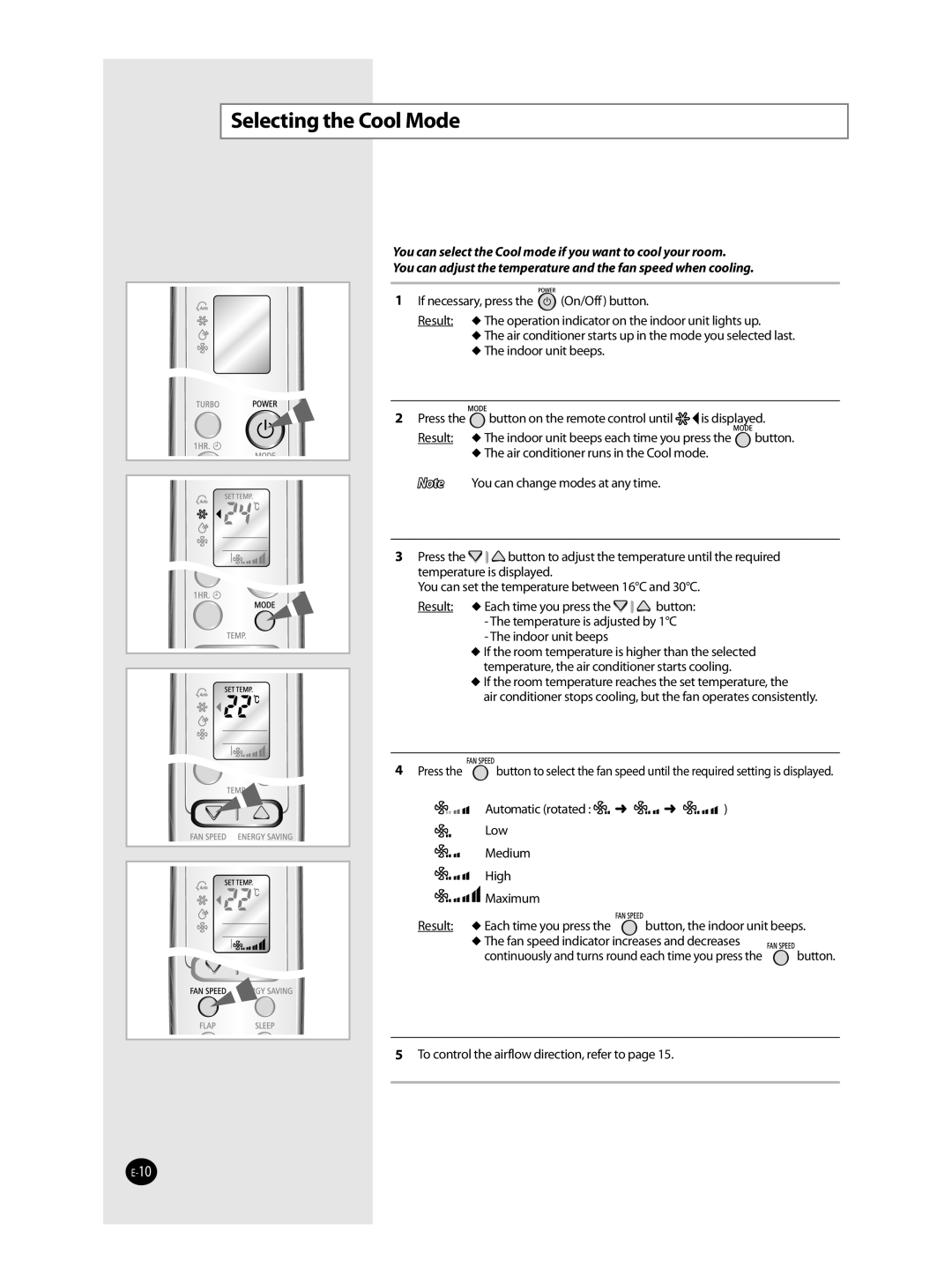 Samsung AST36WRWB/UMG manual Selecting the Cool Mode 