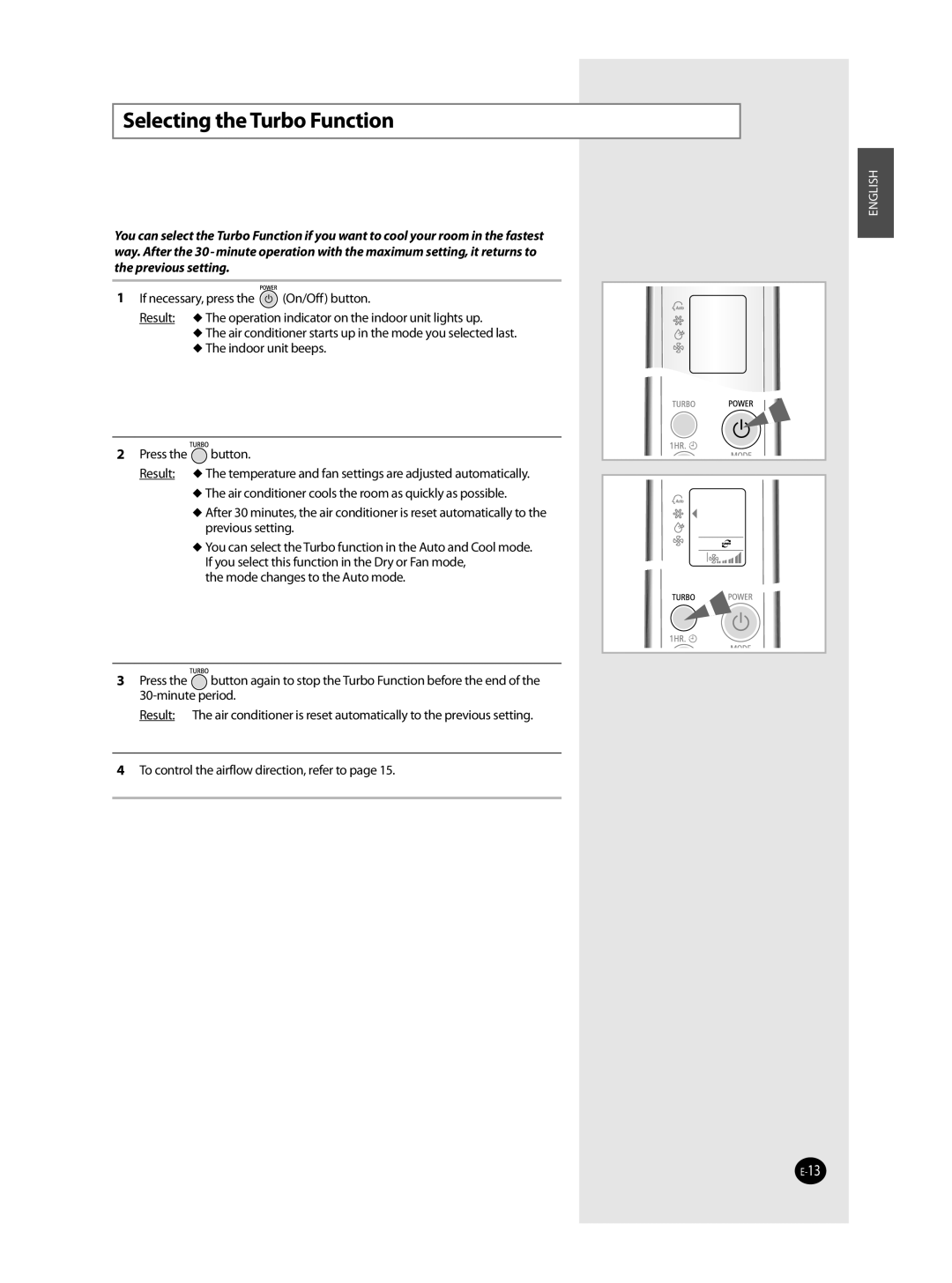 Samsung AST36WRWB/UMG manual Selecting the Turbo Function 