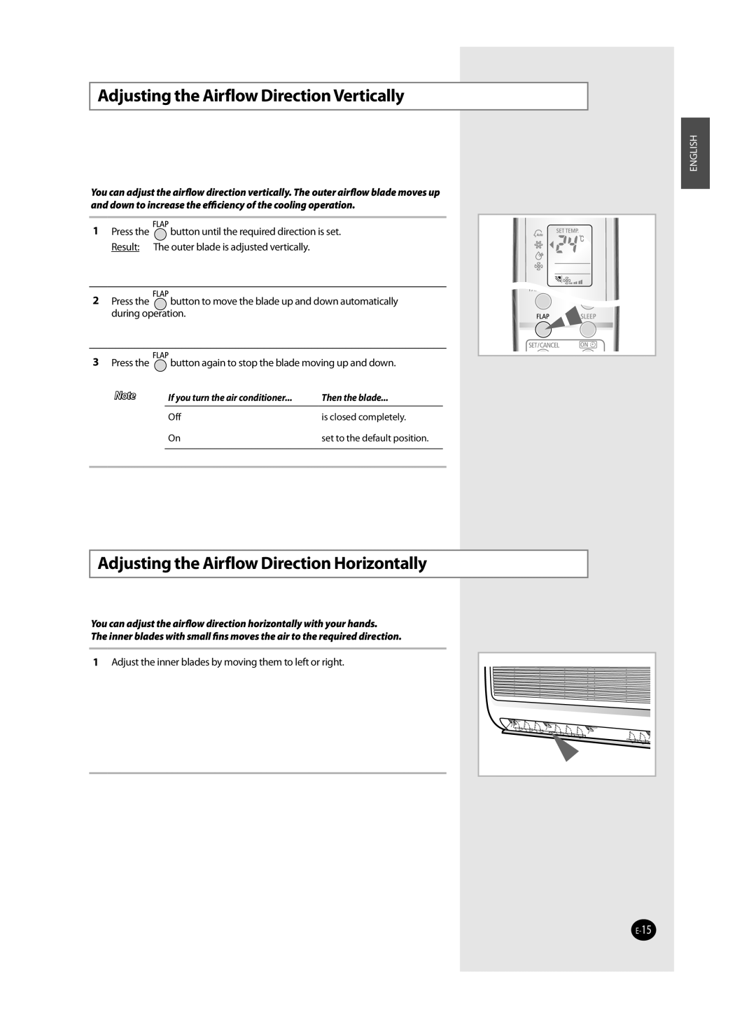 Samsung AST36WRWB/UMG manual Adjusting the Airflow Direction Vertically, Adjusting the Airflow Direction Horizontally 