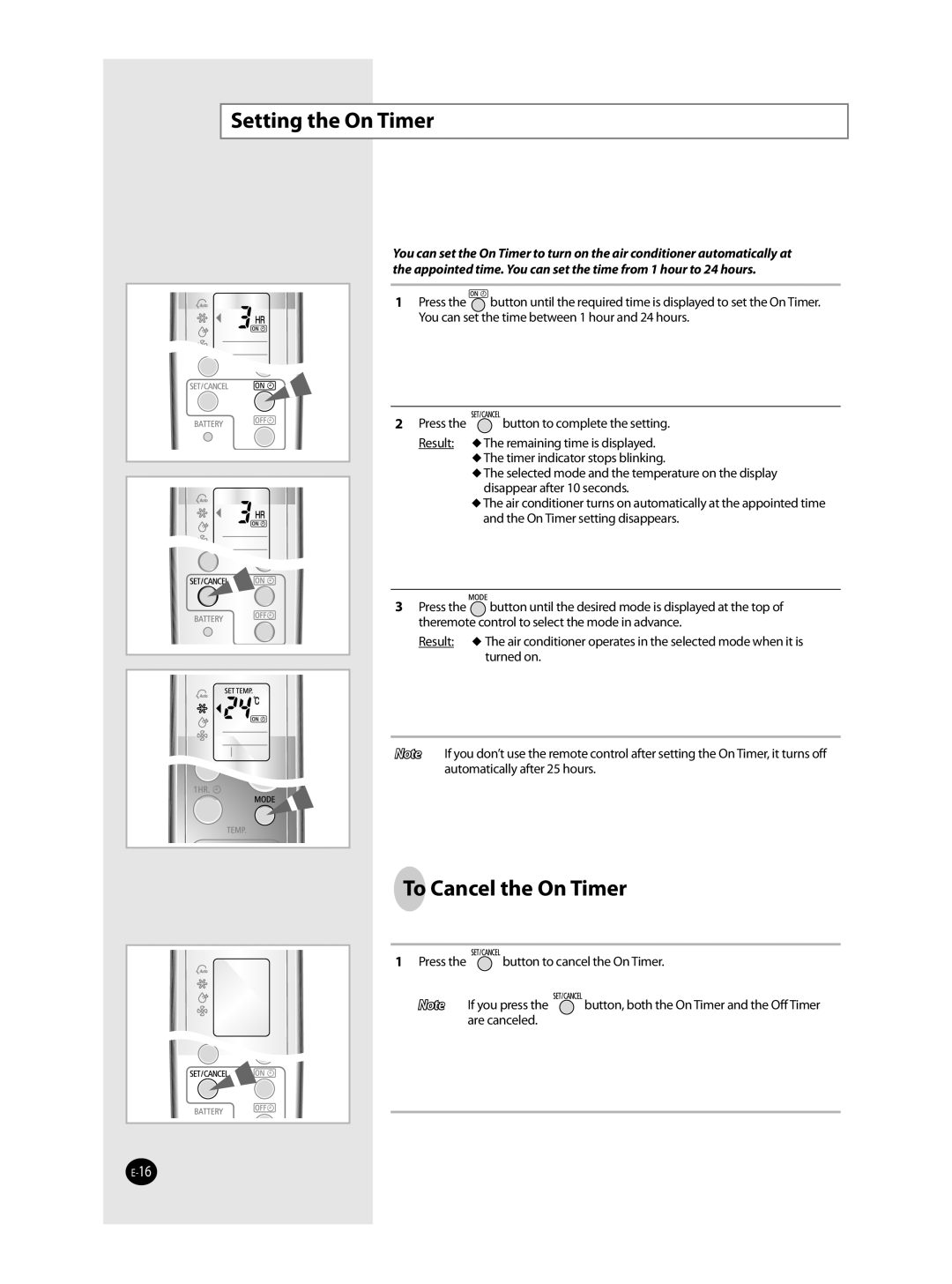 Samsung AST36WRWB/UMG manual Setting the On Timer, To Cancel the On Timer 