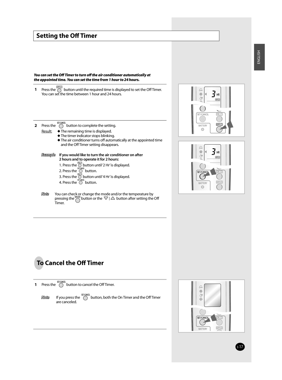 Samsung AST36WRWB/UMG manual Setting the Oﬀ Timer, To Cancel the Oﬀ Timer 