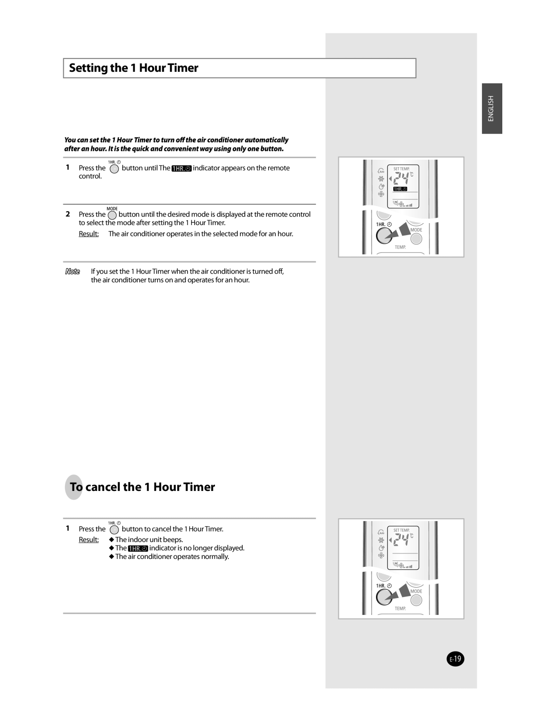 Samsung AST36WRWB/UMG manual Setting the 1 Hour Timer, To cancel the 1 Hour Timer 