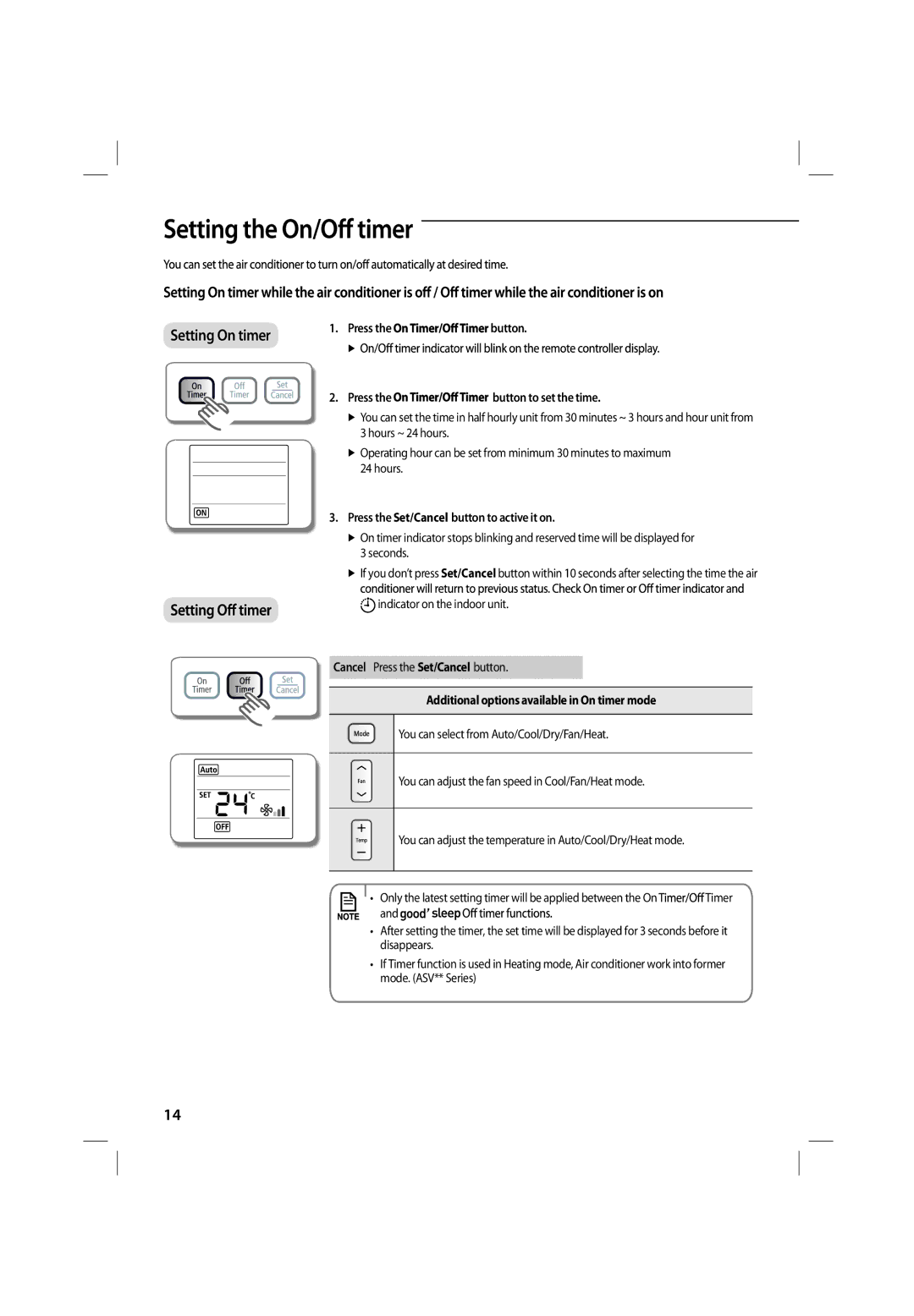 Samsung ASV18PSPNXEA manual Press the button Press the button to set the time, Press the Set/Cancel button to active it on 