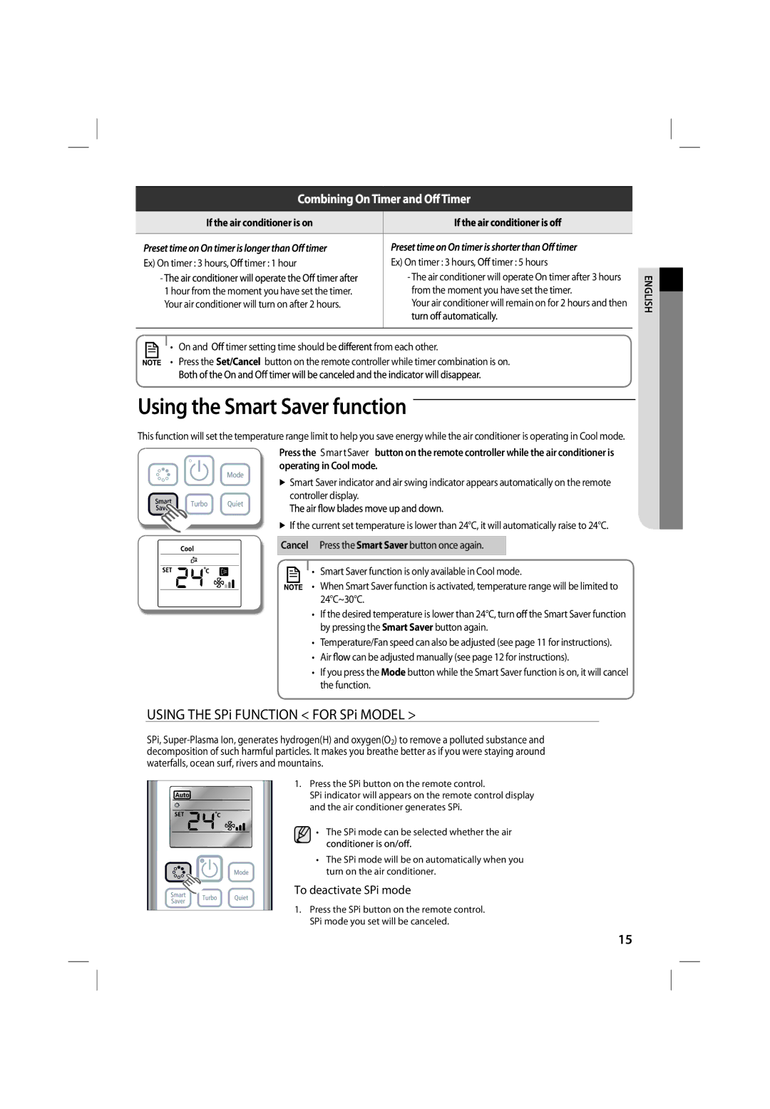 Samsung ASV24PUQXXEA manual Using the Smart Saver function, If the air conditioner is on, Timer 1 hour, Timer 5 hours 