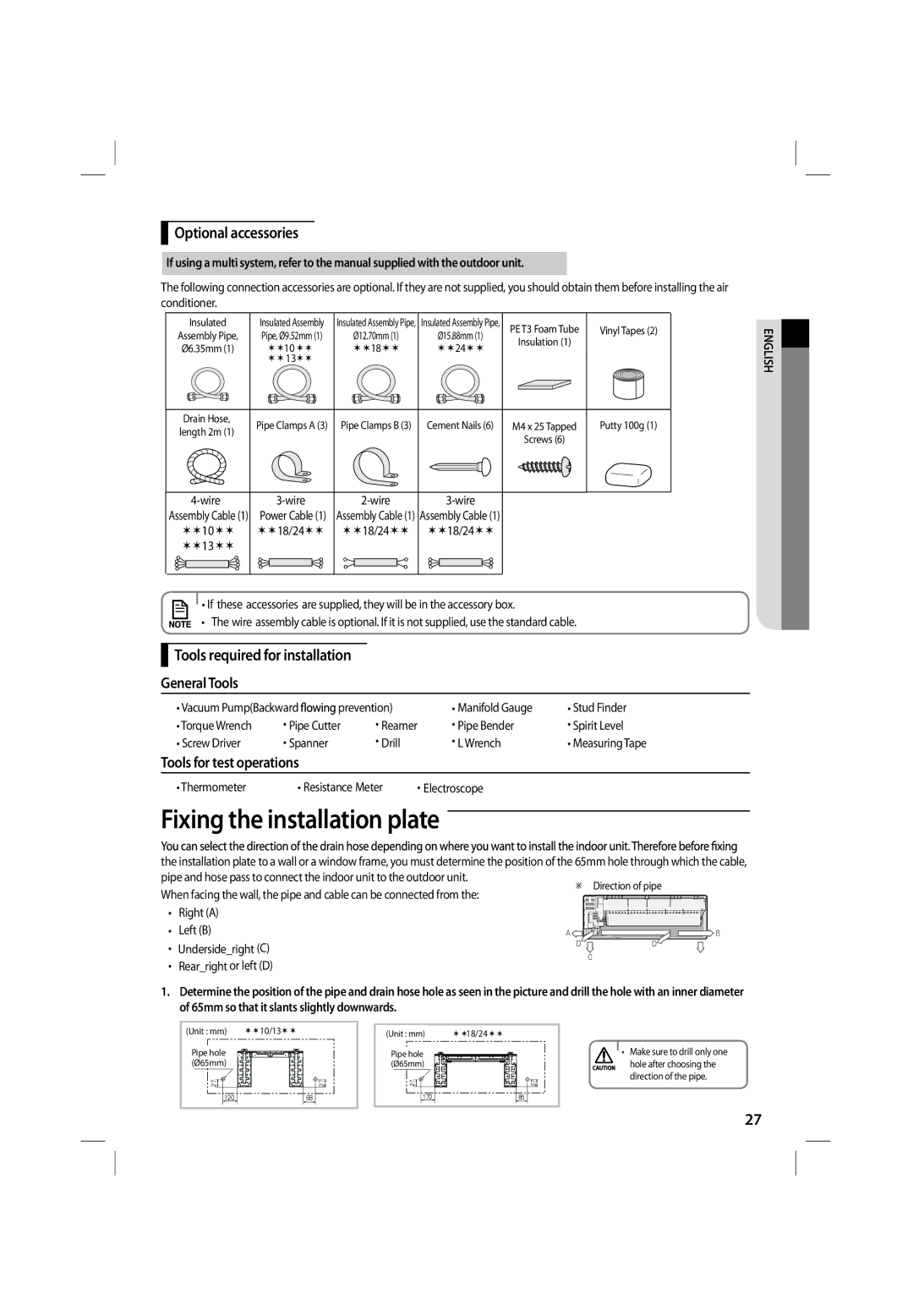 Samsung ASV10PUQXXEA Fixing the installation plate, Optional accessories, Tools required for installation General Tools 