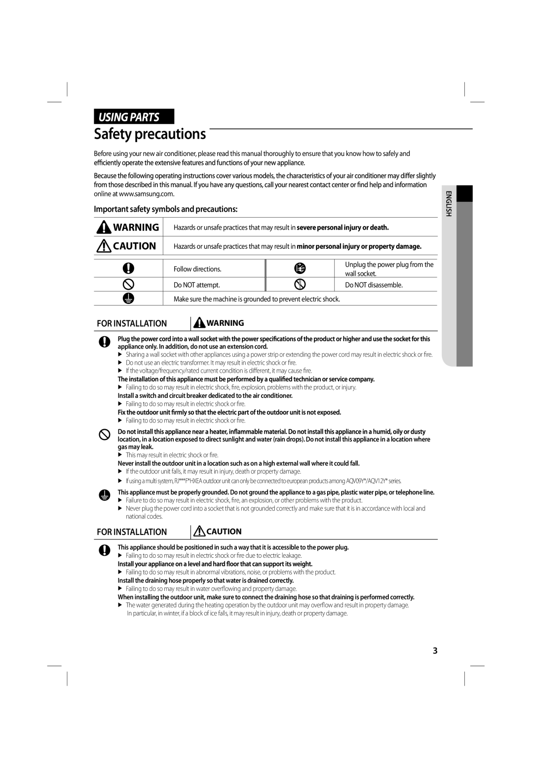 Samsung ASV10PUQNXEA manual Safety precautions, Important safety symbols and precautions, Follow directions, Wall socket 