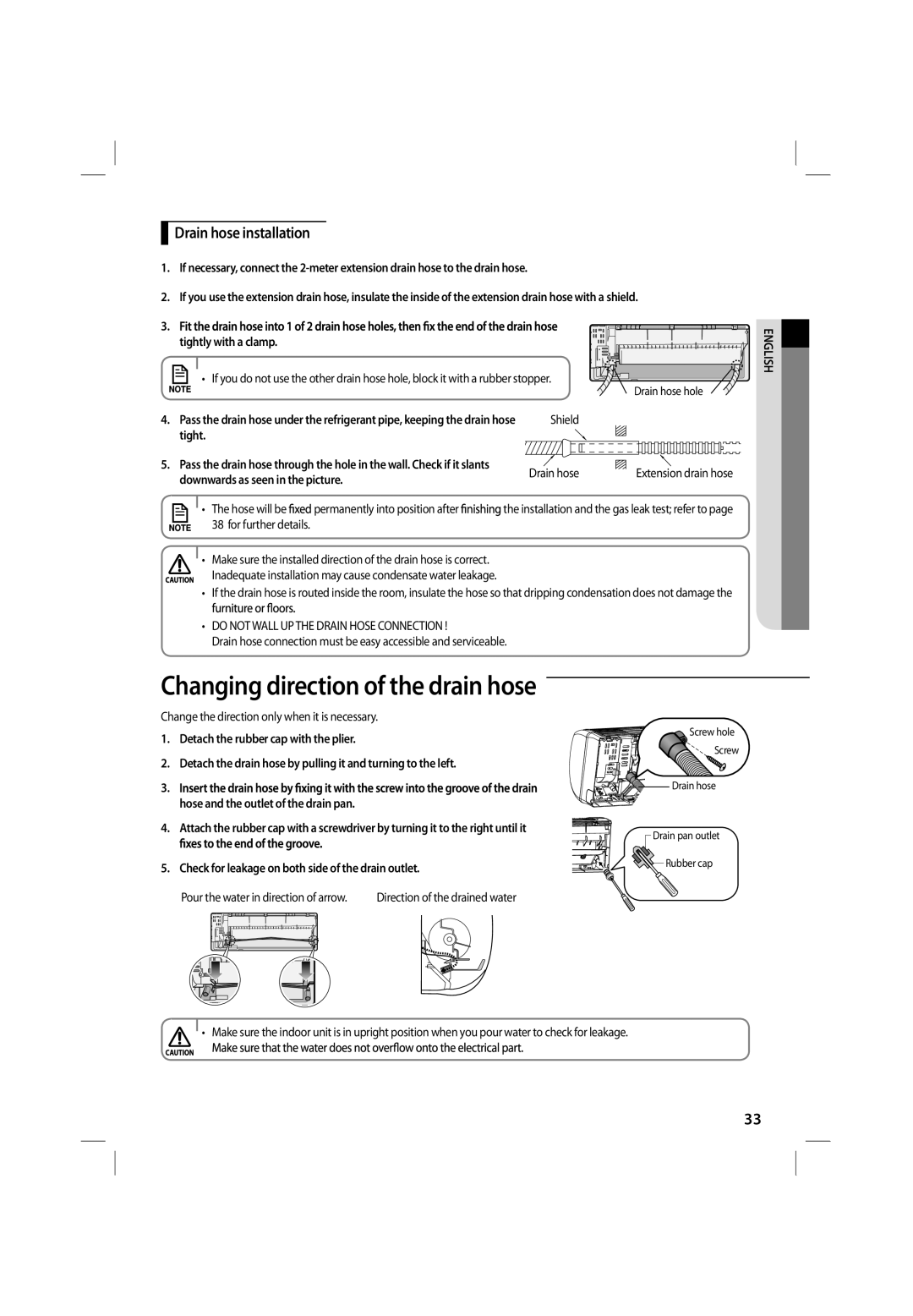 Samsung ASV18PSPXXEA, ASV13PSPNXEA, ASV18PUQNXEA, ASV10PUQNXEA Changing direction of the drain hose, Drain hose installation 