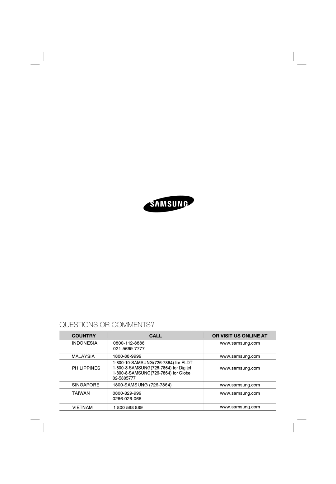 Samsung ASV10PSPXXEA, ASV13PSPNXEA, ASV18PSPXXEA, ASV18PUQNXEA, ASV10PUQNXEA, ASV13PUQNXEA, ASV13PUQXXEA Questions or COMMENTS? 