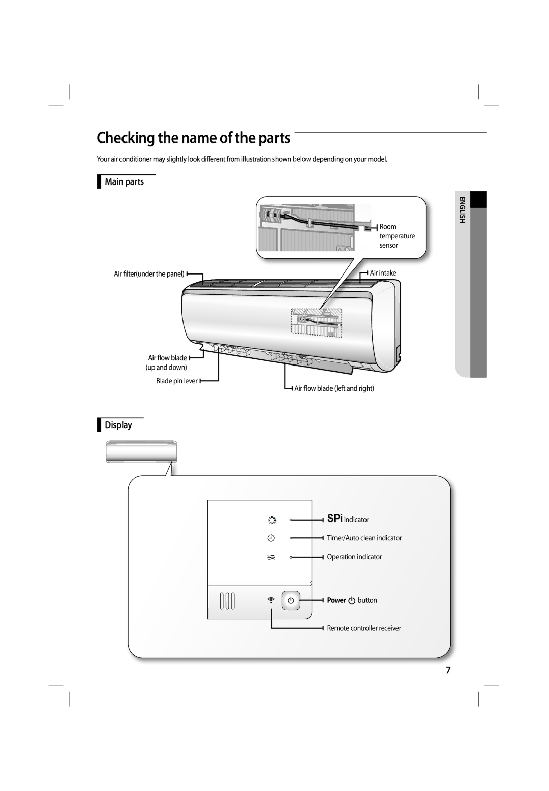 Samsung ASV24PSPXXEA, ASV13PSPNXEA, ASV18PSPXXEA manual Checking the name of the parts, Main parts, Display, Power button 