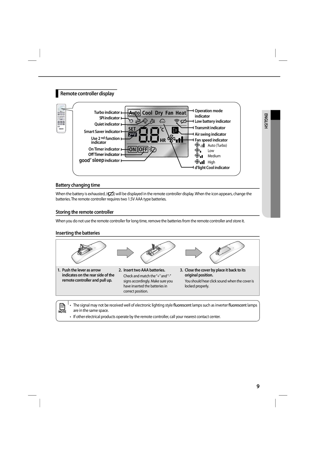 Samsung ASV10PSPXXEA, ASV13PSPNXEA manual Remote controller display, Battery changing time, Storing the remote controller 