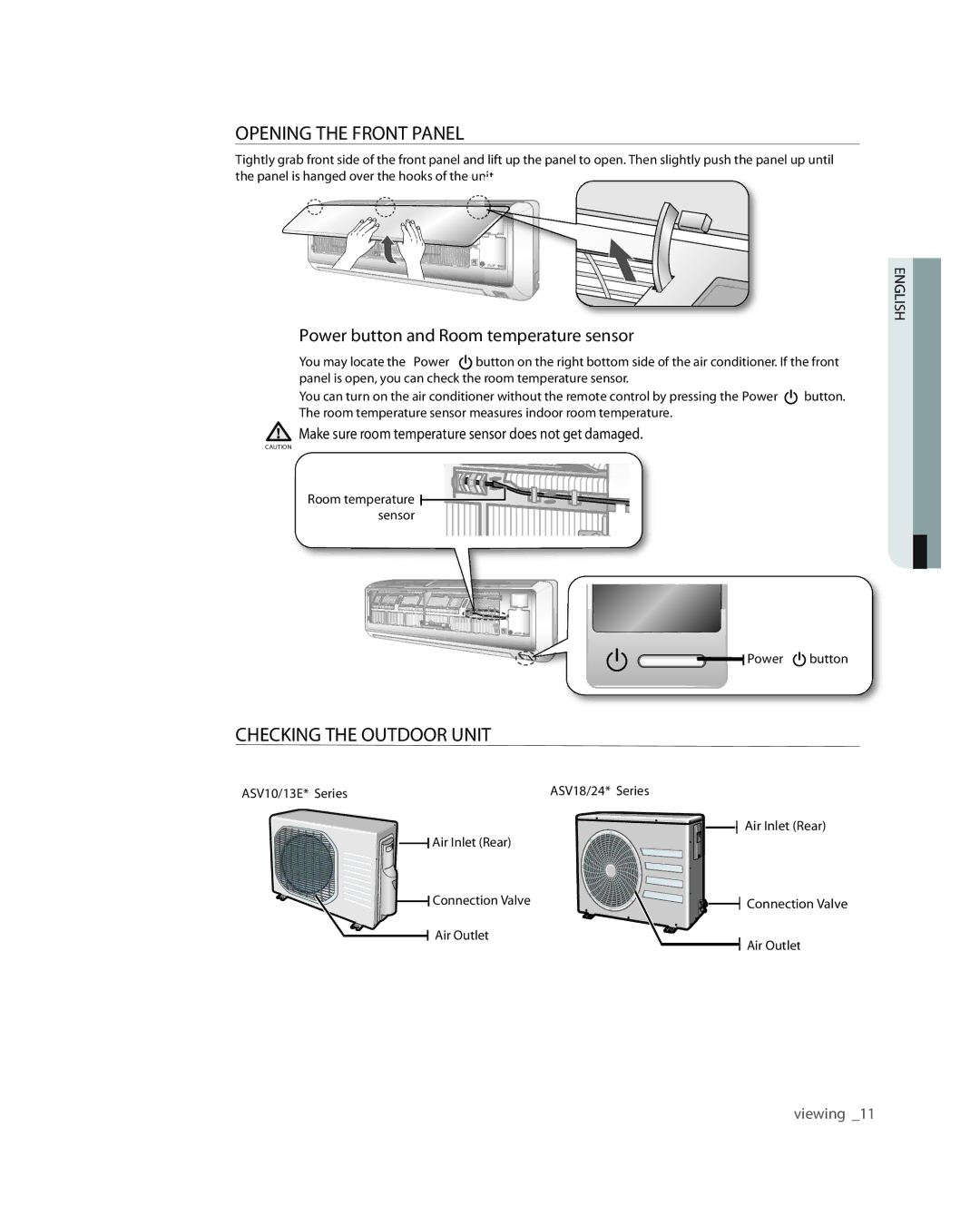 Samsung ASV10ESLNXEA manual Opening the Front Panel, Checking the Outdoor Unit, Power button and Room temperature sensor 