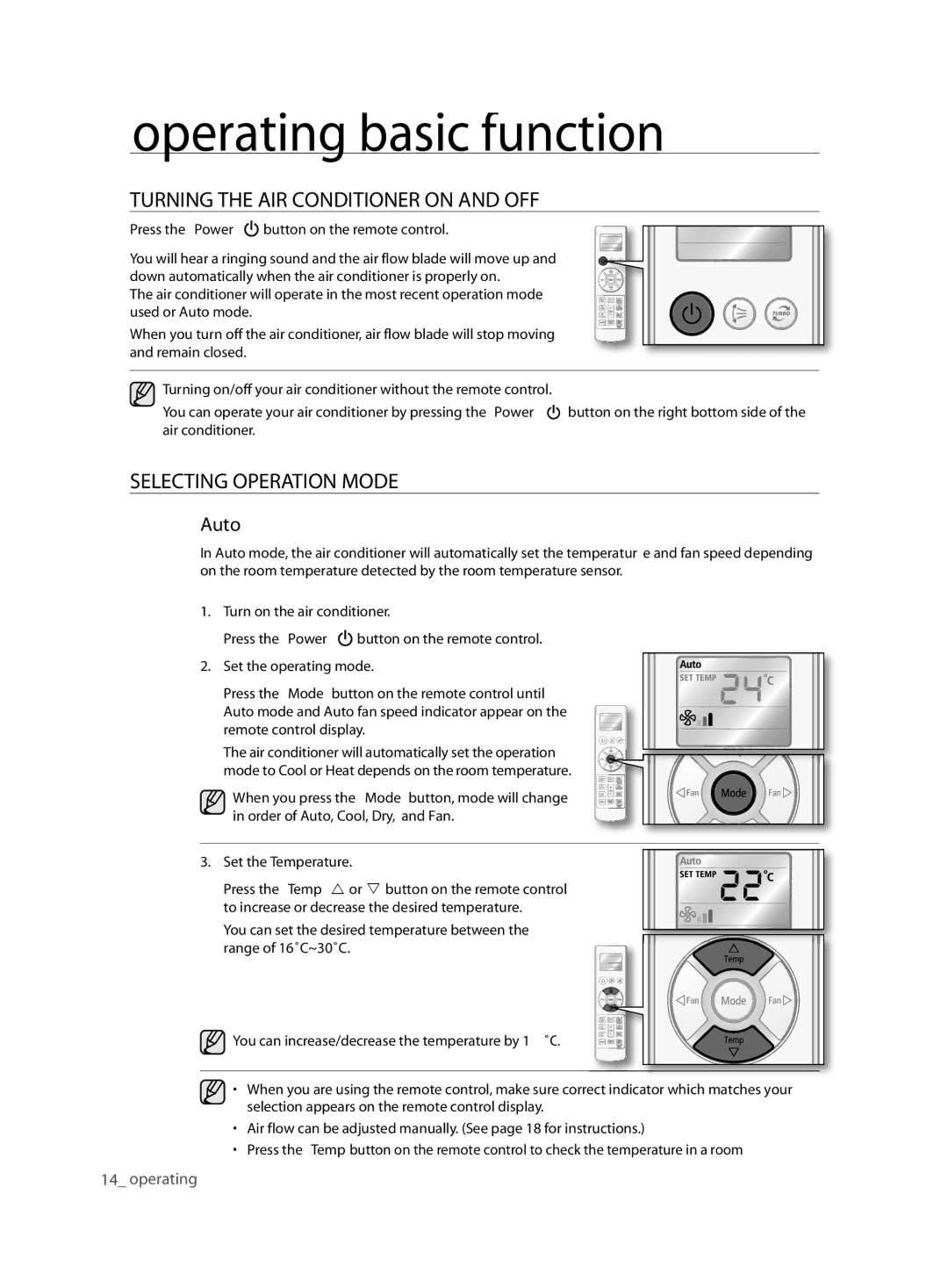 Samsung ASV24ESLXXEA, ASV24ESLNXEA, ASV10ESLNXEA Turning the AIR Conditioner on and OFF, Selecting Operation Mode, Auto 