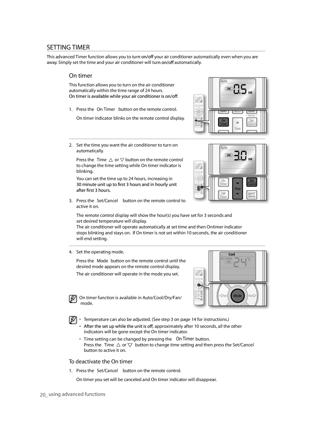 Samsung ASV24ESLNXEA, ASV10ESLNXEA, ASV10ESLXXEA, ASV24ESLNXST, ASV24ESLXXEA Setting Timer, To deactivate the On timer 