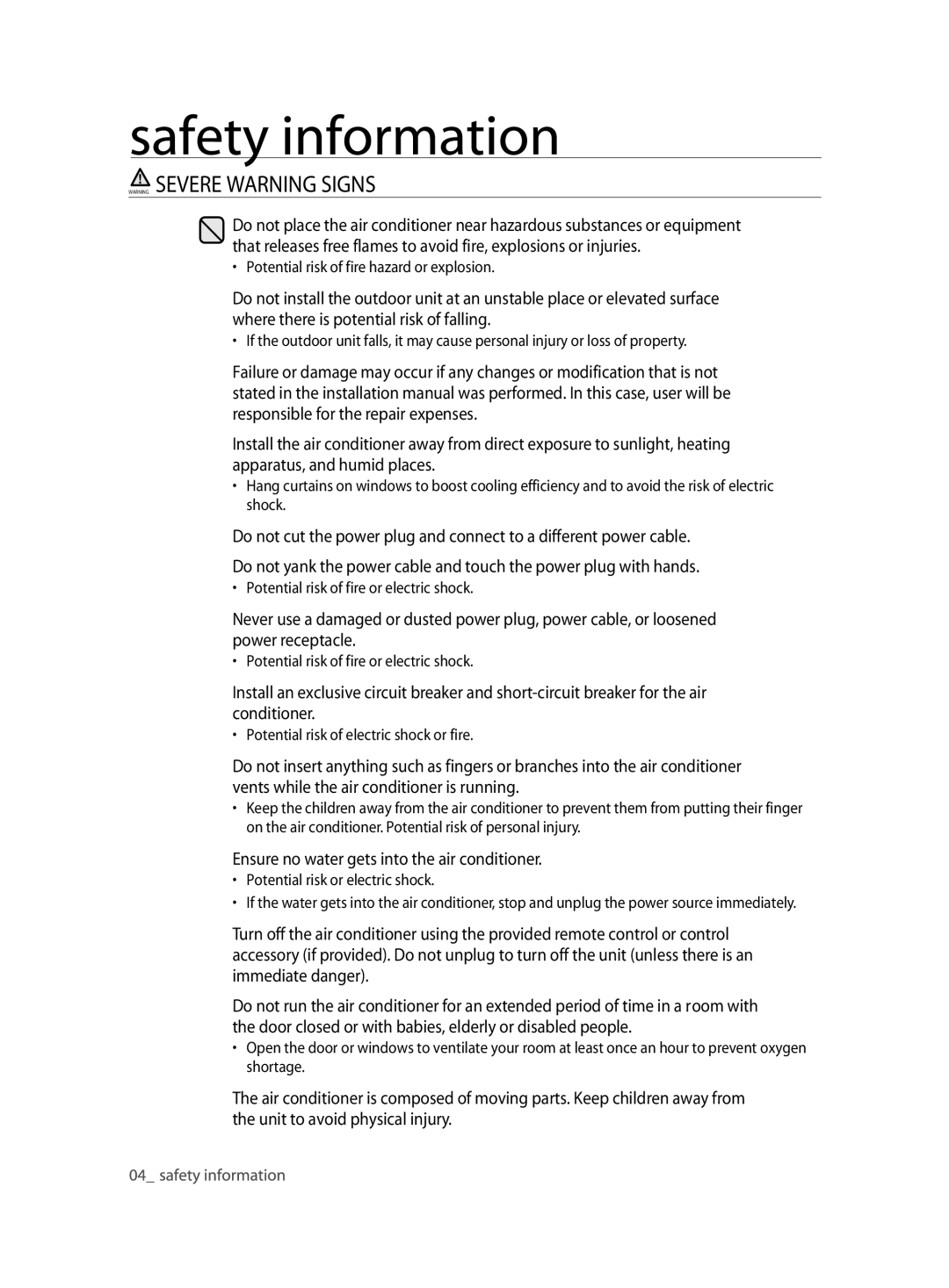 Samsung ASV24ESLXXEA, ASV24ESLNXEA, ASV10ESLNXEA, ASV10ESLXXEA, ASV24ESLNXST Ensure no water gets into the air conditioner 