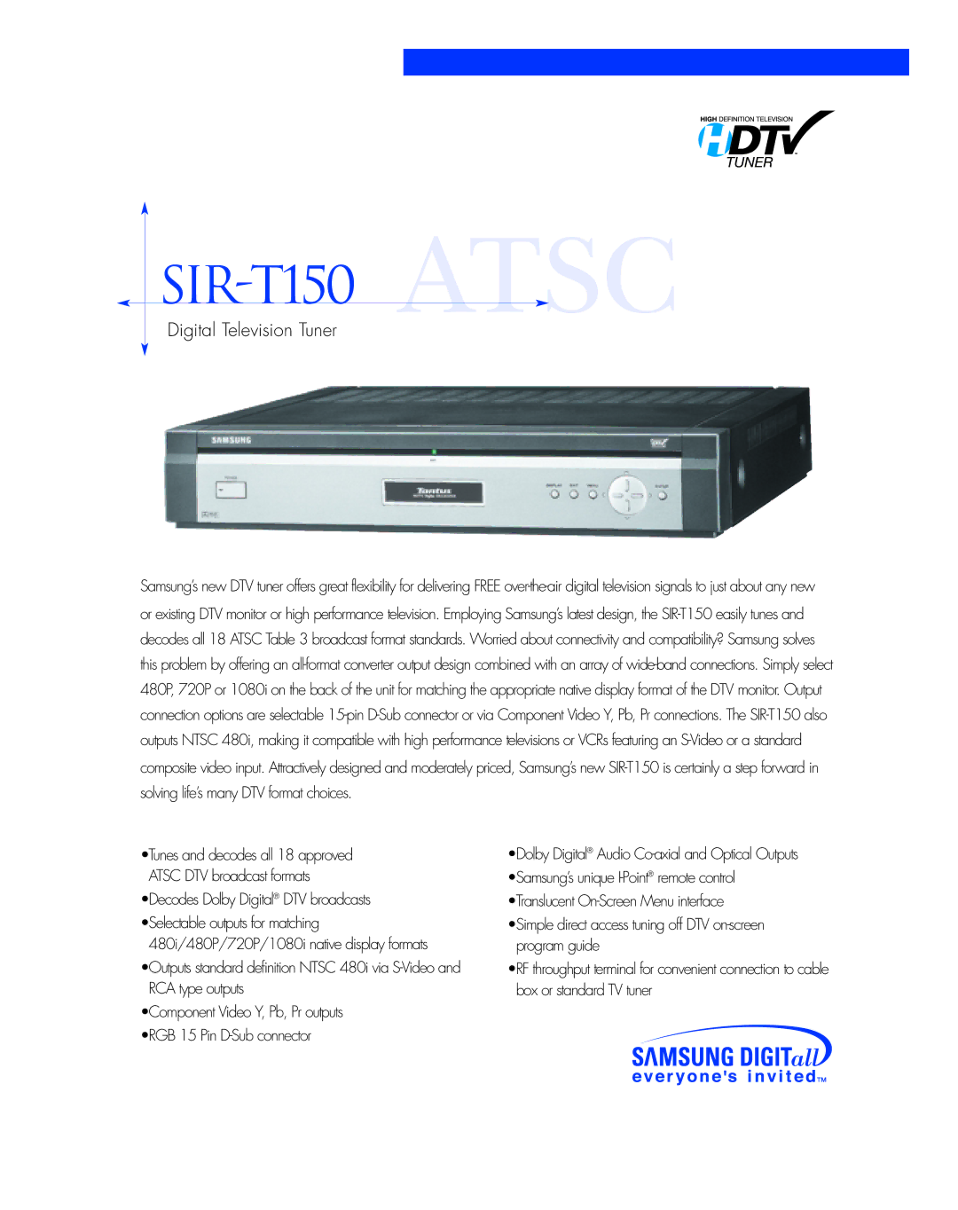 Samsung ATSCSIR-T150 manual SIR-T150 Atsc, Digital Television Tuner 